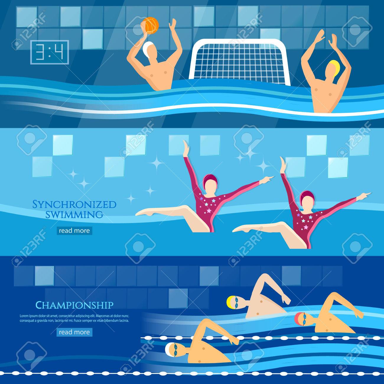 プロの水スポーツ バナー水球シンクロナイズド スイミング スポーツ水泳ベクトル図のイラスト素材 ベクタ Image