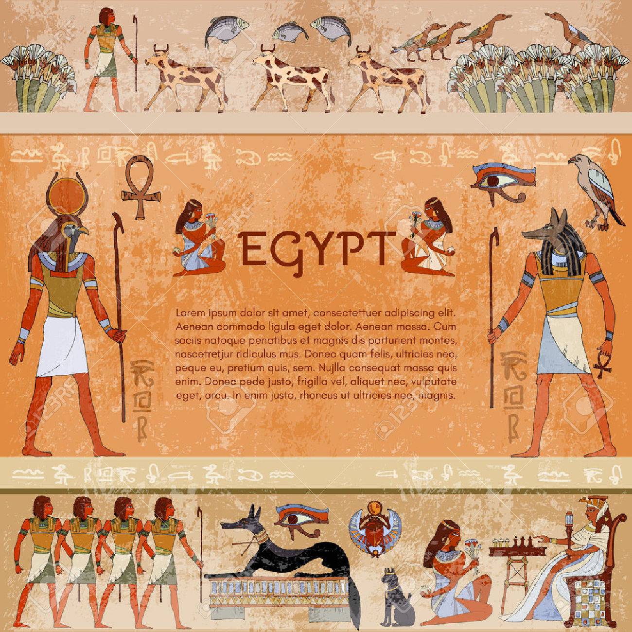 古代エジプト。古代エジプトの寺院の外壁に象形文字の彫刻。手描きの