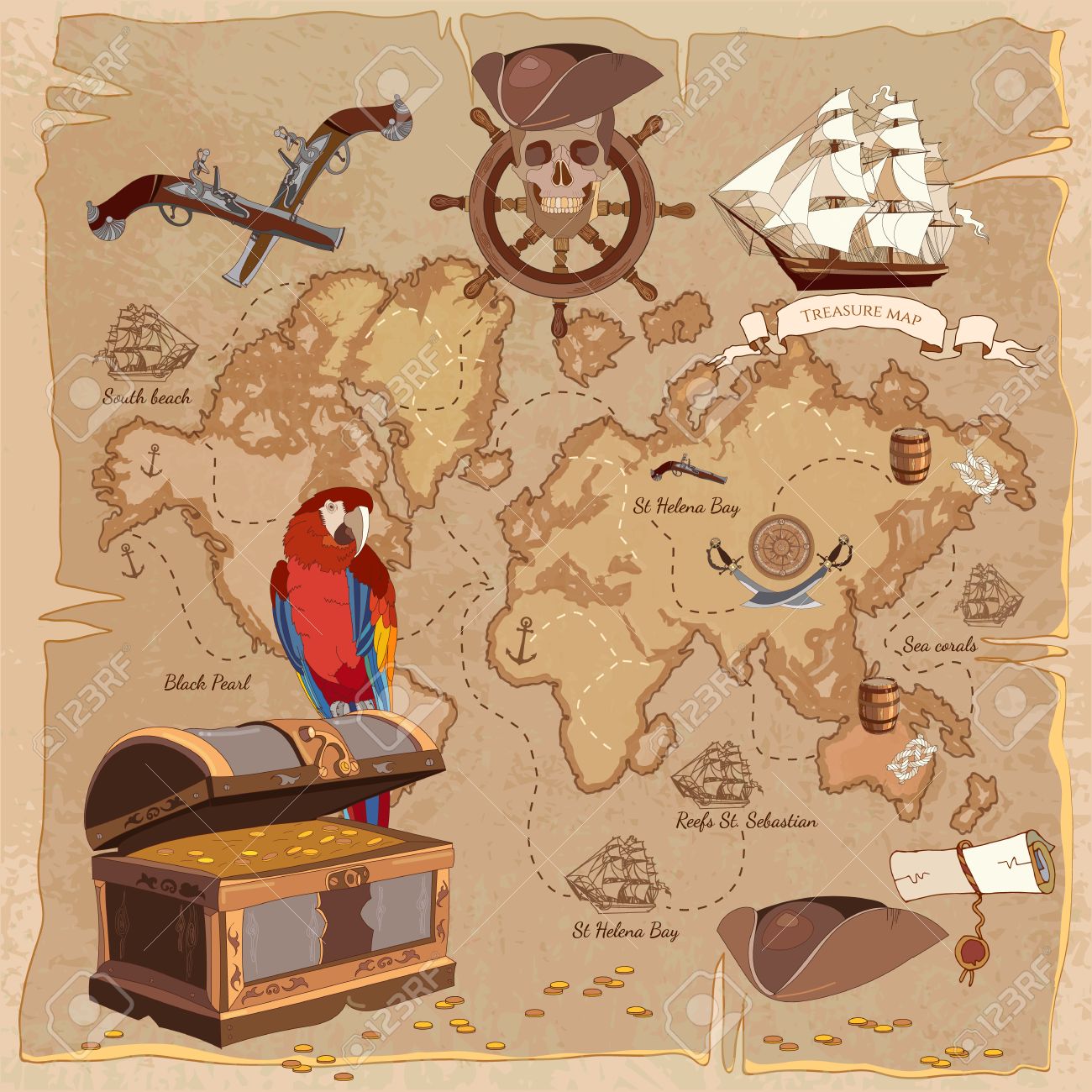 海賊の宝の地図が古い 宝箱は ステアリング ホイール頭蓋骨ラム サーベル海賊帽子と船をオウムします 冒険物語の背景のイラスト素材 ベクタ Image
