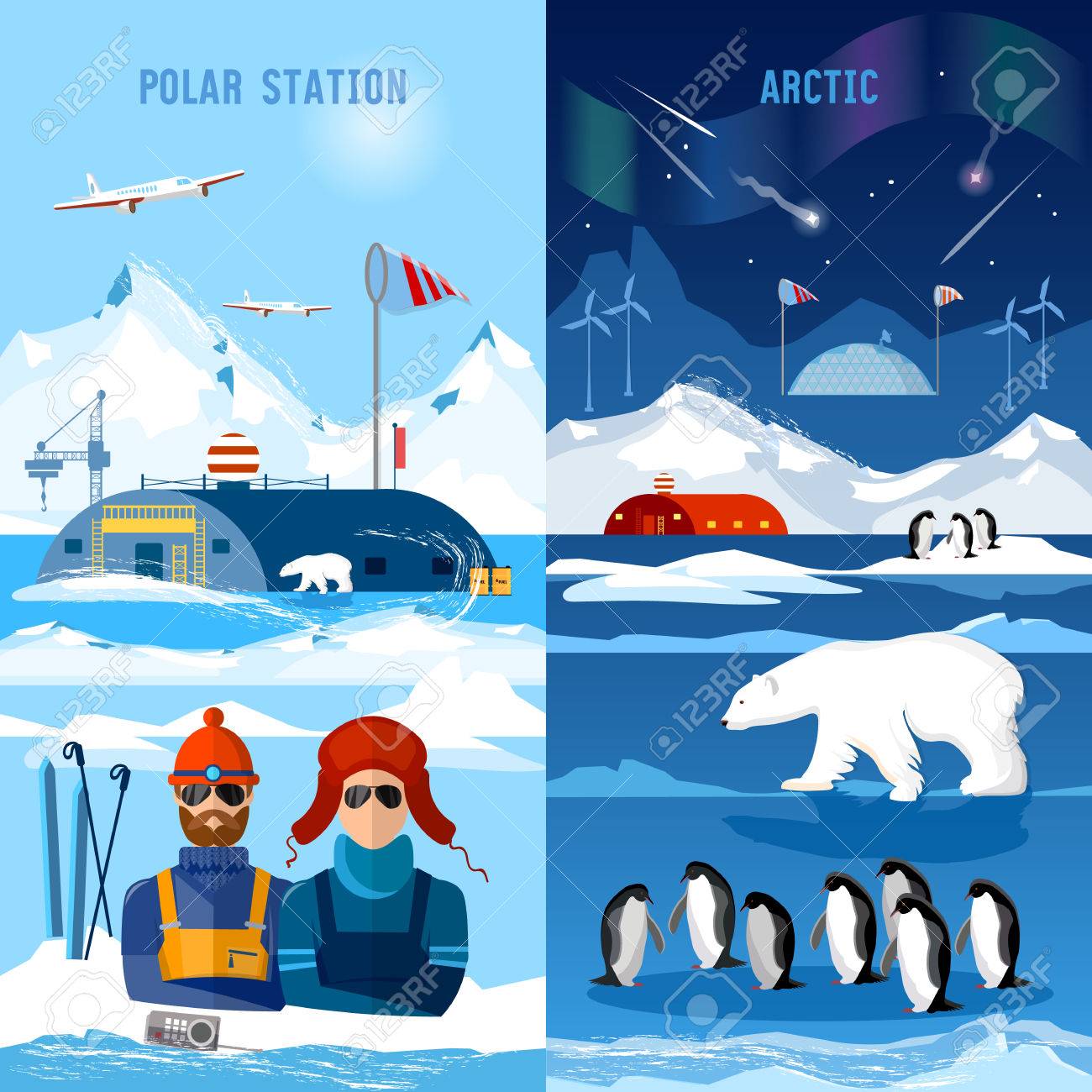 A Las Banderas De La Antártida. Estación Científica En Polo El Turismo ártico Antártico. Fauna Del Antártico, Oso Polar, Pingüinos Ilustraciones Svg, Vectoriales, Clip Art Vectorizado Libre De Derechos.