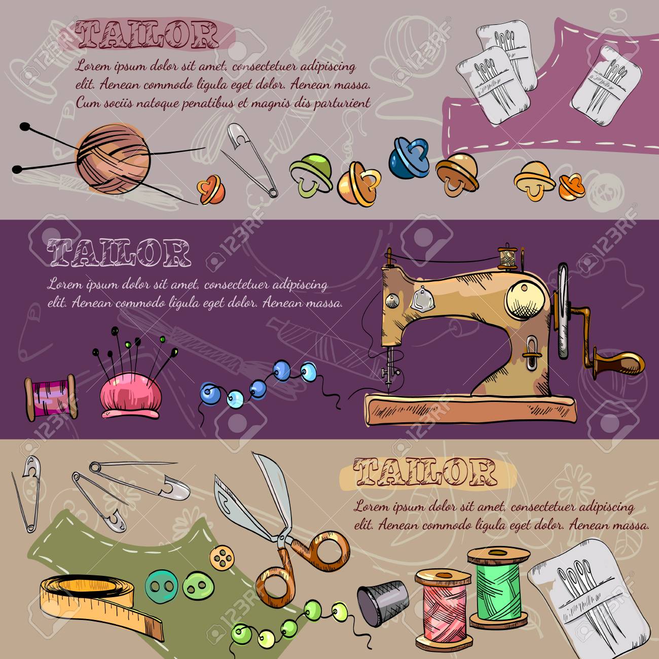 tailor banners vector studio on tailoring tools seamstress fashion