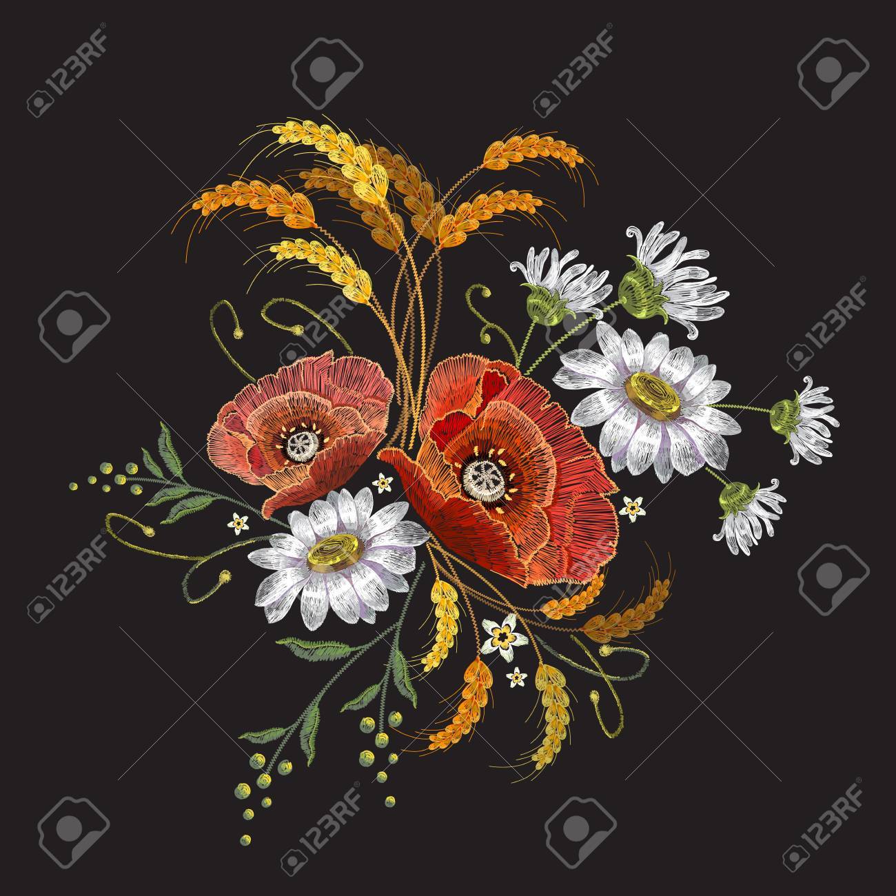 ケシの花とカモミールの花束の刺繍 美しい鎮静 ポピー のイラスト素材 ベクタ Image
