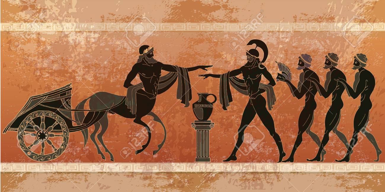 Ancient Greece scene. Black figure pottery. Ancient Greek mythology. - 76583945 Ancient Greece scene. Black figure pottery. Ancient Greek mythology. - 76583945