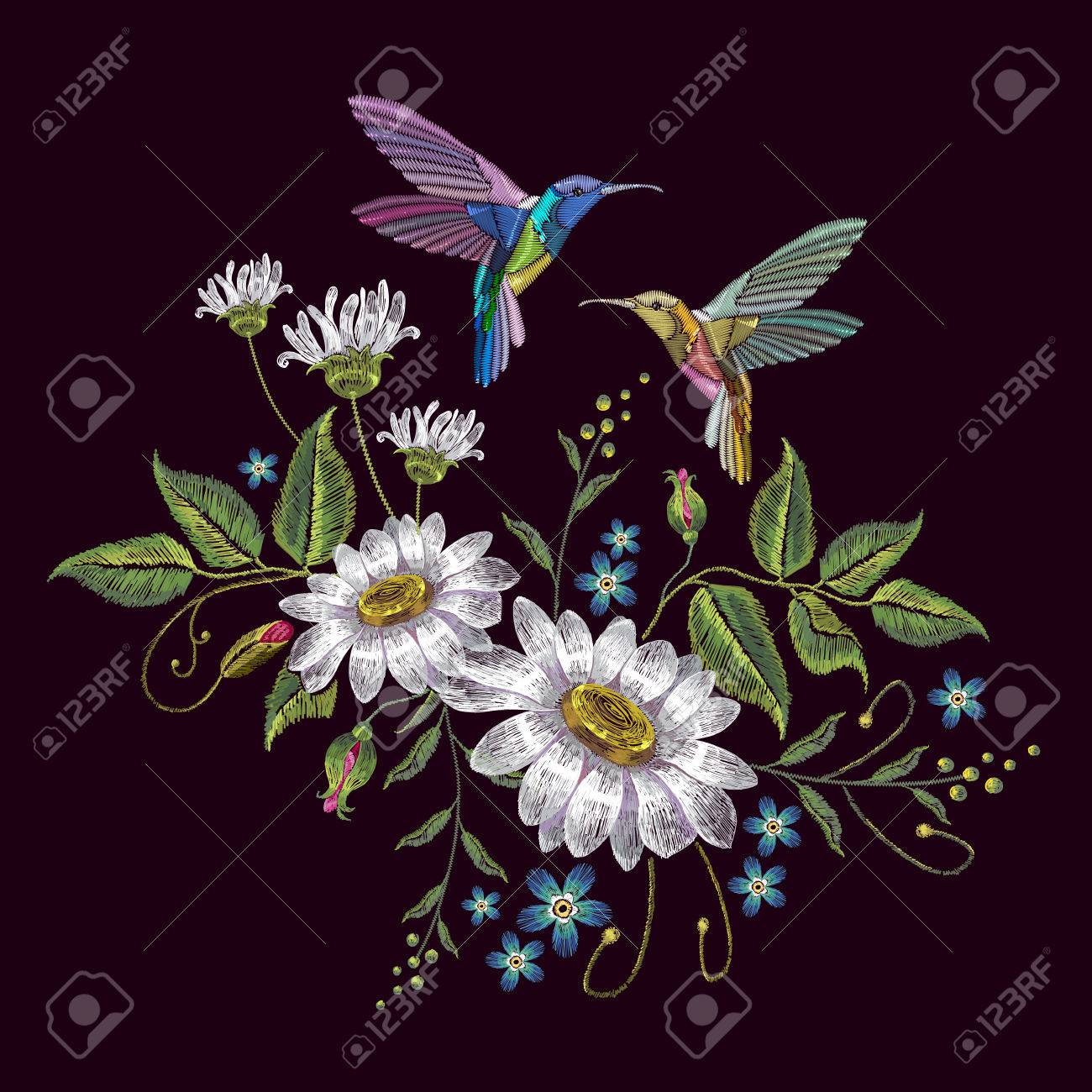 Humming bird and chamomile embroidery. Beautiful hummingbirds and white chamomile embroidery on black background. Template for clothes, textiles, t-shirt design - 78598397 Humming bird and chamomile embroidery. Beautiful hummingbirds and white chamomile embroidery on black background. Template for clothes, textiles, t-shirt design - 78598397