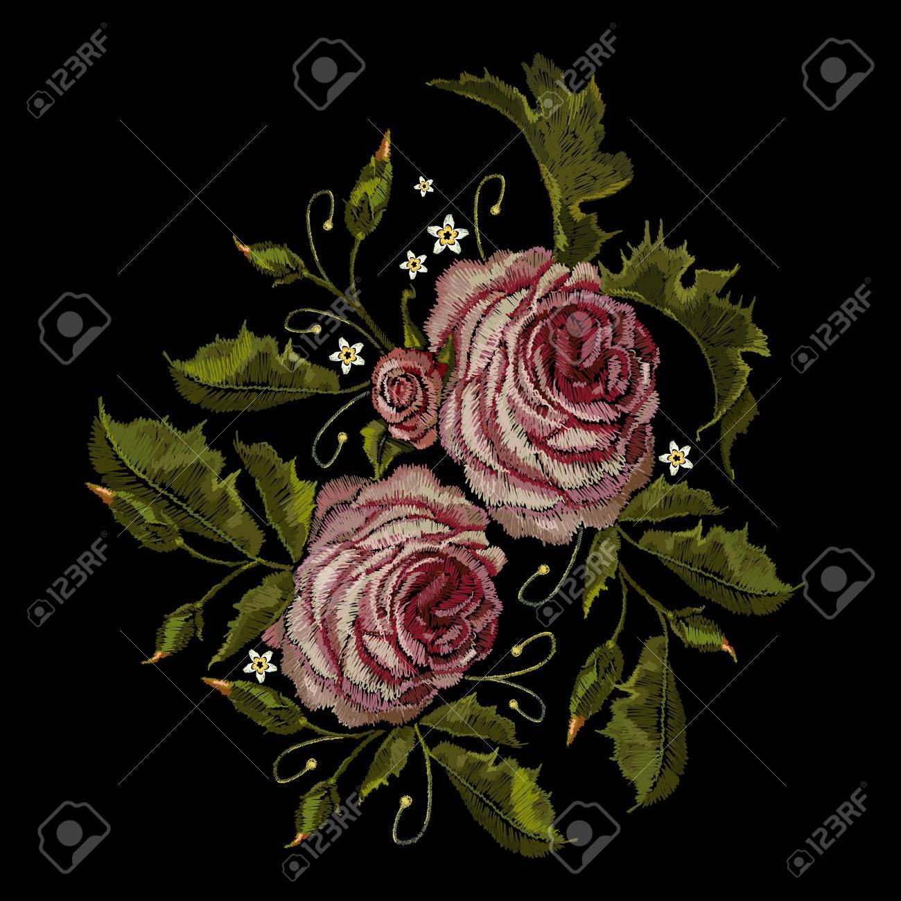 バラ刺繍 バラの芽を古典的な刺繍 衣服 T シャツのデザイン 設計のおしゃれなテンプレート開花花束バラ刺繍のタペストリー花ルネサンス様式 のイラスト素材 ベクタ Image