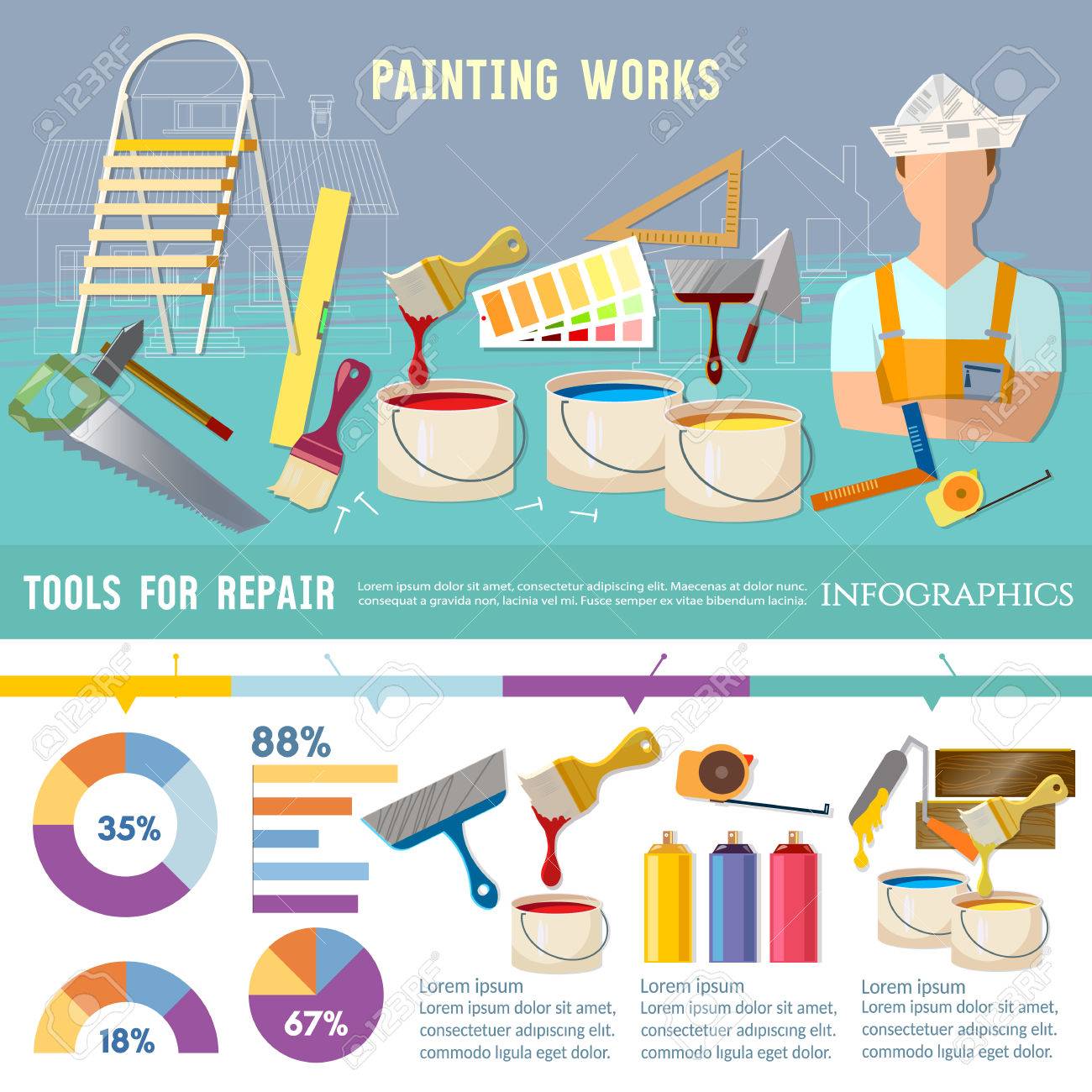House Repair Infographic. Painter Paints Walls, Pastes Wall Wall ...