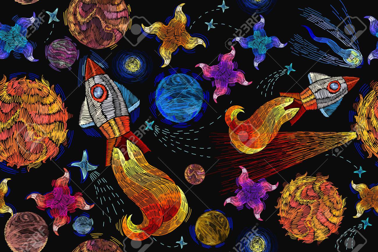 宇宙シームレスな刺繍 幼稚な背景デザインした T シャツ ロケット 地球 太陽系 銀河 スペース刺繍 惑星や宇宙ロケット のイラスト素材 ベクタ Image
