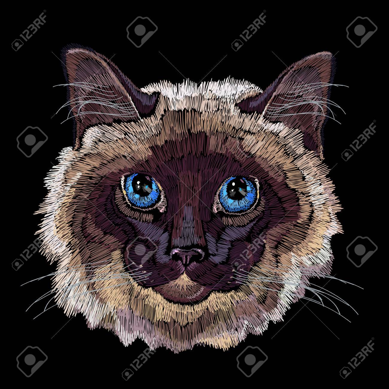 Broderie De Chat Siamois Belle Broderie De Chat Drole Pour Les Vetements Modele De Mode De Conception De T Shirt En Textile Clip Art Libres De Droits Vecteurs Et Illustration Image