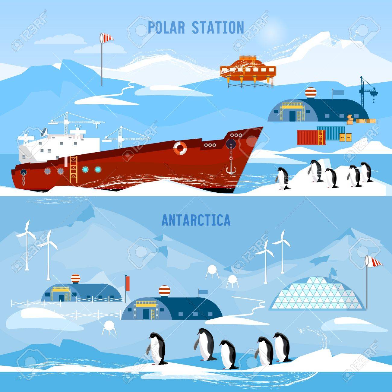 北極 極地駅バナー 科学的な駅は 南極と北極の勉強 ペンギン のイラスト素材 ベクタ Image