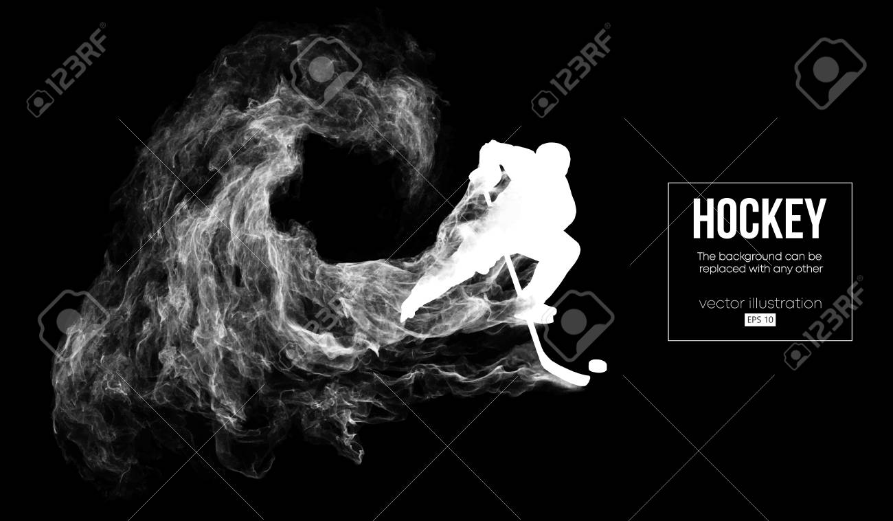 Abstract silhouette of a hockey player on dart, black background from particles, dust, smoke, steam. Hockey player hits the puck. Background can be changed to any other. Vector illustration - 125338995 Abstract silhouette of a hockey player on dart, black background from particles, dust, smoke, steam. Hockey player hits the puck. Background can be changed to any other. Vector illustration - 125338995