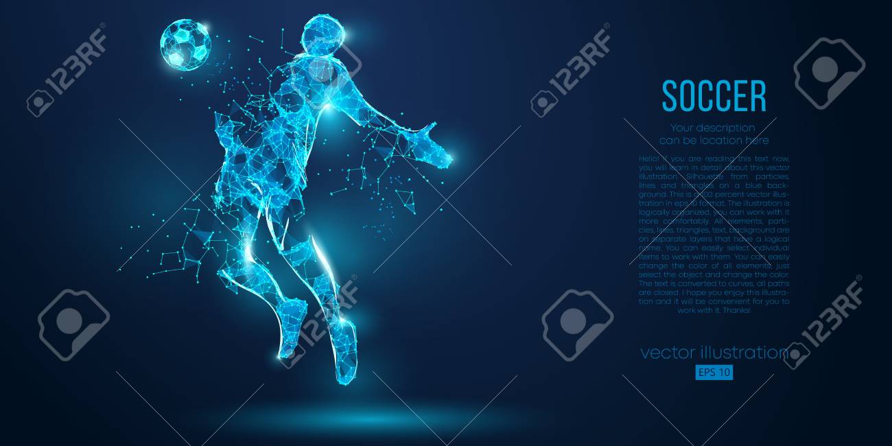Abstract soccer player, footballer from particles on blue background. Low poly neon wireframe outline football player - 127741063 Abstract soccer player, footballer from particles on blue background. Low poly neon wireframe outline football player - 127741063