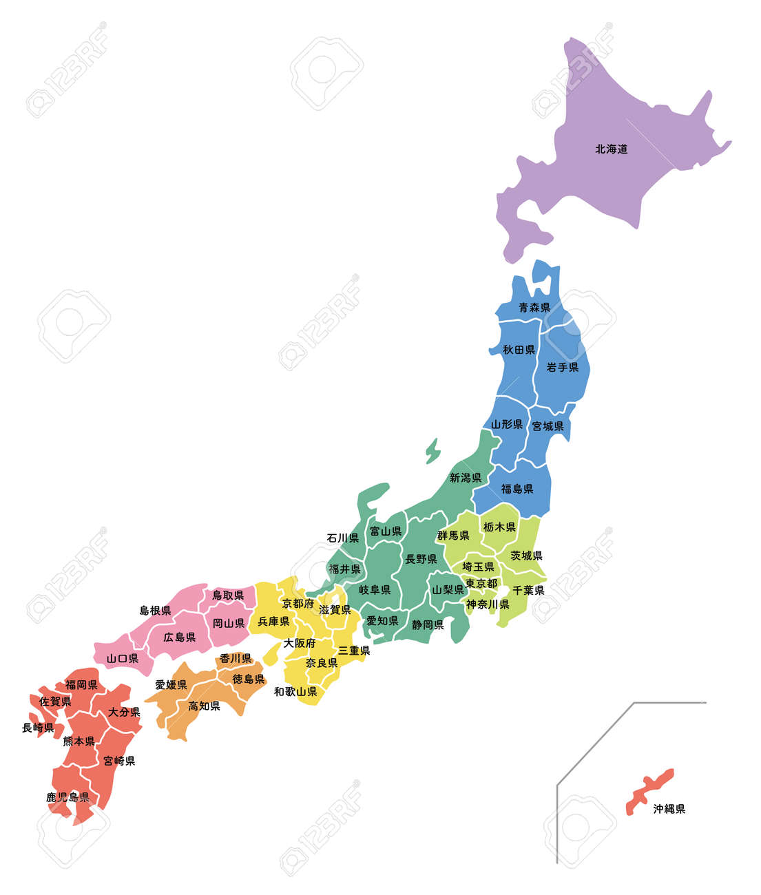 日本文県地図 県名のある日本（地域区分）の地図日本語で県名の説明があります