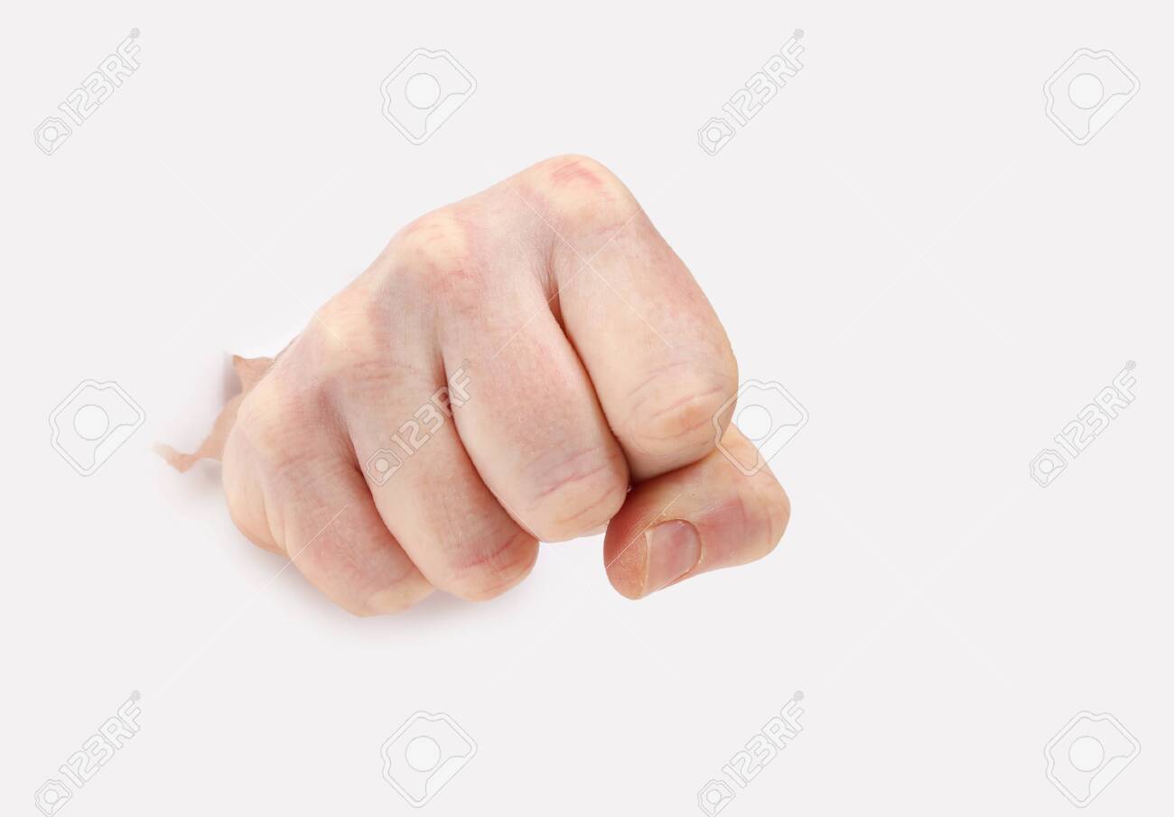 Punch through. Рука прорывает баннер. Рука пробивает стену и указывает пальцем. Бумага в кулаке. Дыра в стене вектор.