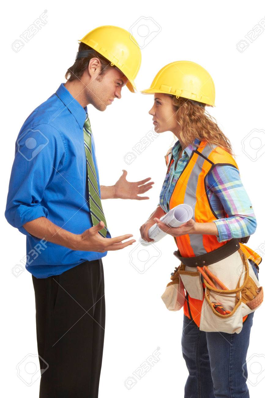 angry architect and construction worker butting heads isolated angry architect and construction worker butting heads isolated