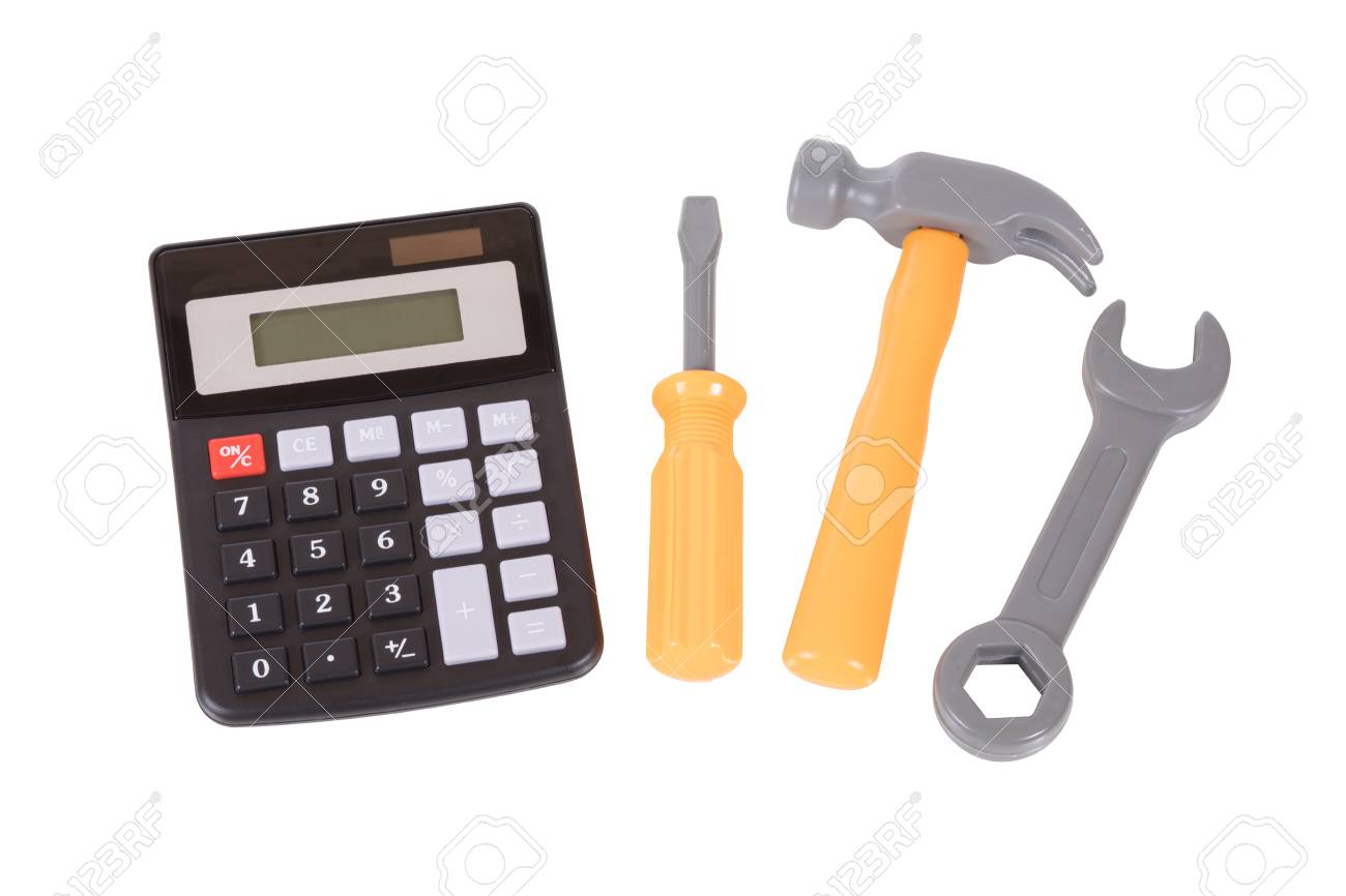 small tool kit with a simple manual calculator isolated on white renovations calculator