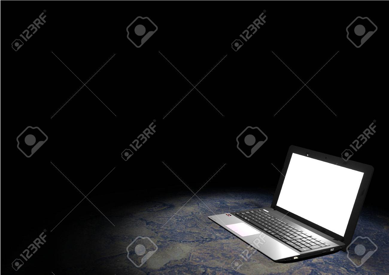 Rendering of a notebook in a dark room. The notebook is illuminated by a spot light. Copyspace available on the top of the image. - 42267935 Rendering of a notebook in a dark room. The notebook is illuminated by a spot light. Copyspace available on the top of the image. - 42267935