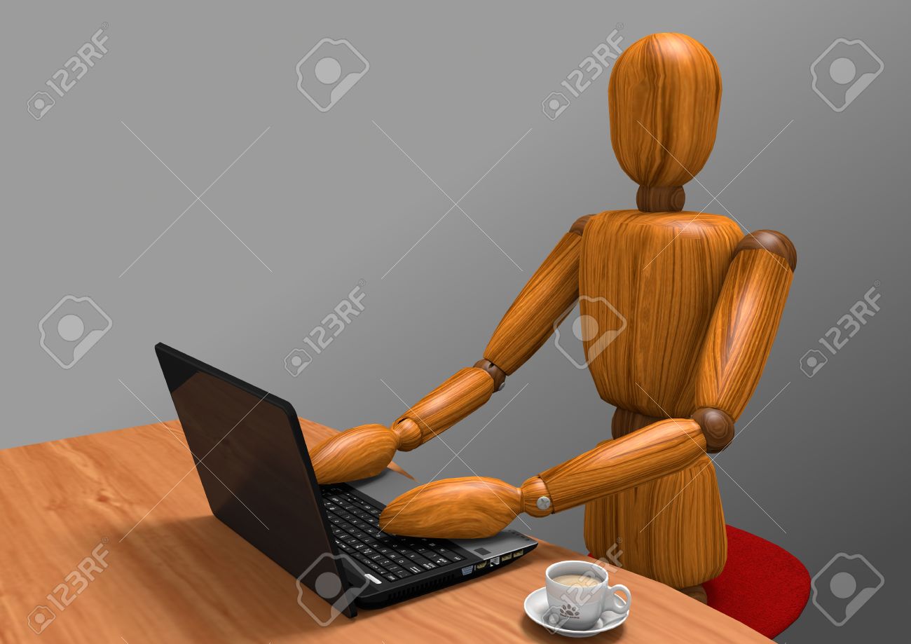 3D rendering of a wooden dummy working at a laptop. On the desk there is anche a cup of coffee. The background is a gray gradient. - 42267937 3D rendering of a wooden dummy working at a laptop. On the desk there is anche a cup of coffee. The background is a gray gradient. - 42267937