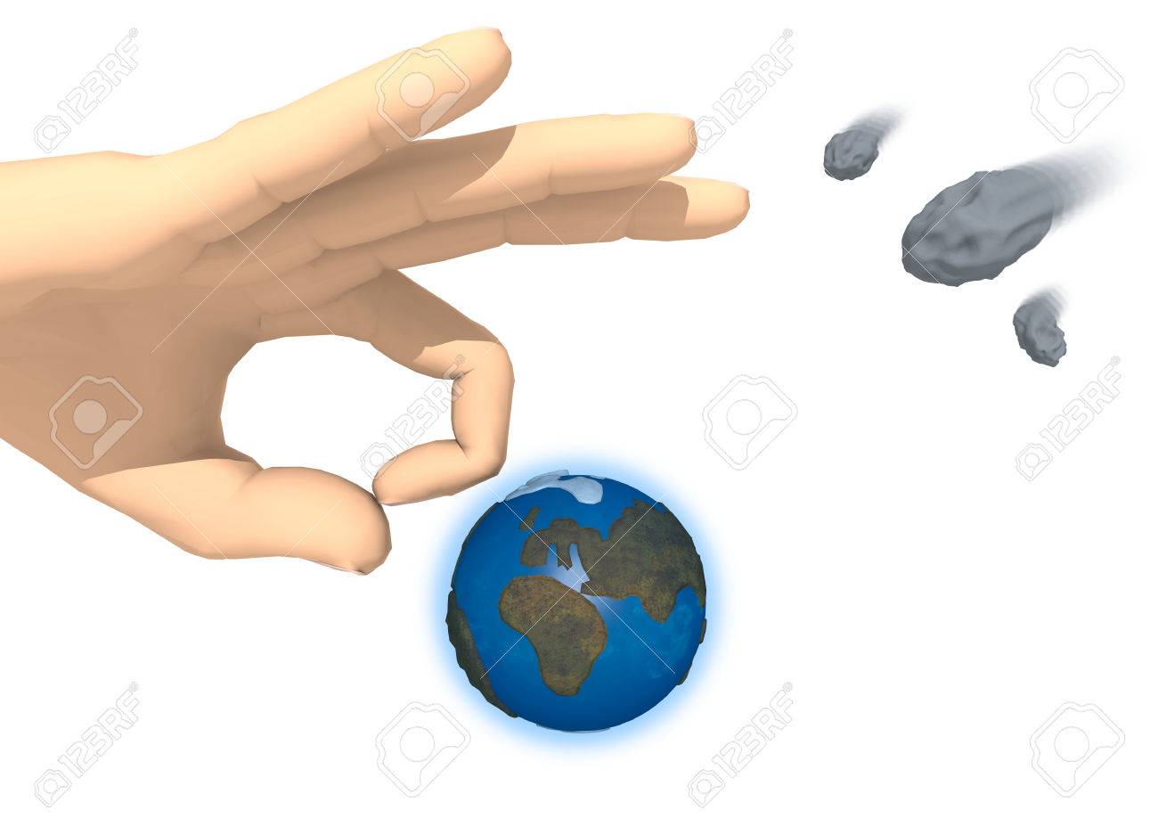 Rendering of a hand is going to strike the Earth on white background. On the right side there are three asteroids in transit. The action is the same used in the game of marbles. Does this hand want to save the Earth from the upcoming impact? - 60892845 Rendering of a hand is going to strike the Earth on white background. On the right side there are three asteroids in transit. The action is the same used in the game of marbles. Does this hand want to save the Earth from the upcoming impact? - 60892845