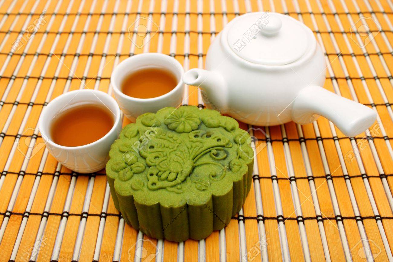 A greentea mooncake put together with teacup and teapot. - 3369522 A greentea mooncake put together with teacup and teapot. - 3369522
