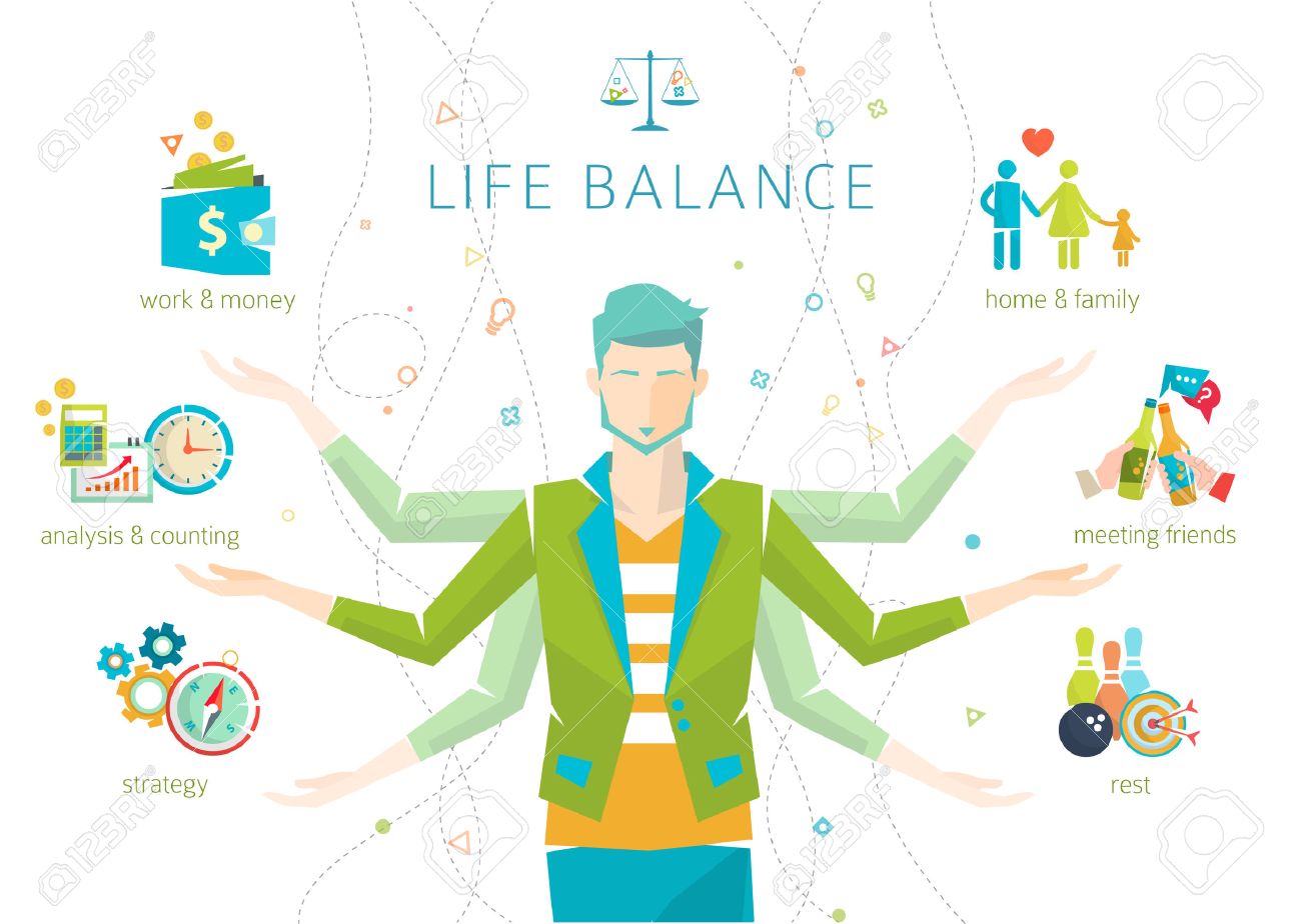 仕事と生活のバランスの概念 重要な生命球間の人間のエネルギーの分割ベクトル イラスト のイラスト素材 ベクタ Image
