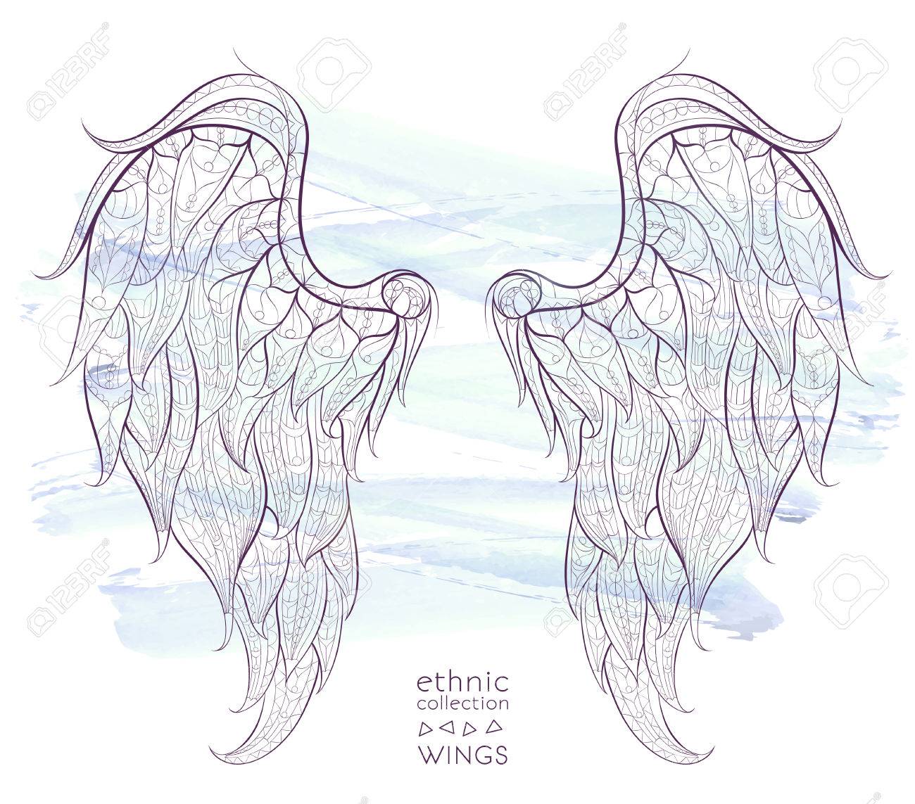 Patterned wings on the grunge background. African / indian / totem / tattoo design. It may be used for design of a t-shirt, bag, postcard, a poster and so on. - 55087260 Patterned wings on the grunge background. African / indian / totem / tattoo design. It may be used for design of a t-shirt, bag, postcard, a poster and so on. - 55087260