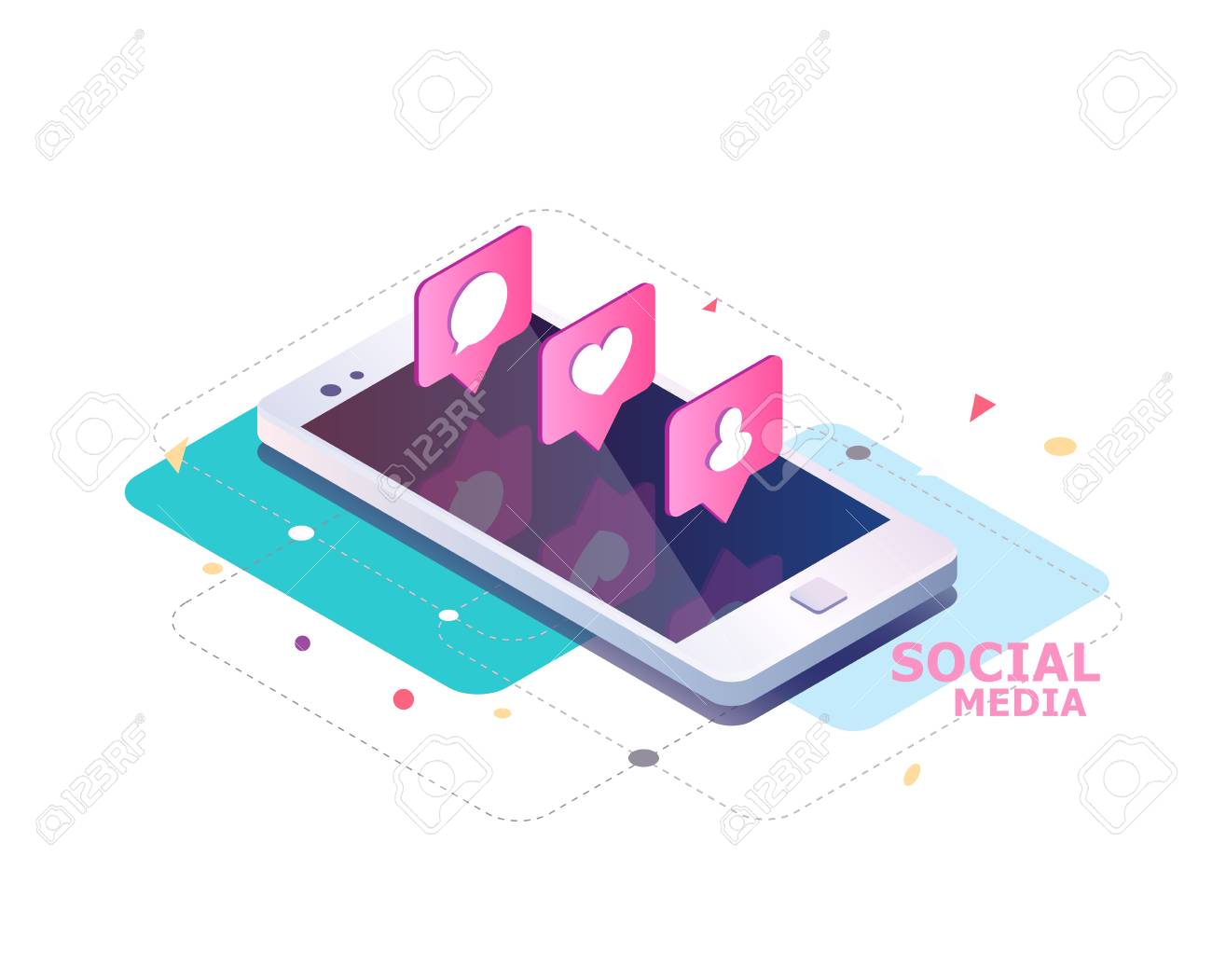 Isometric concept with mobile phone and push notification with likes, new comments, messages and followers. Set of social media notification with appreciation. - 83245357 Isometric concept with mobile phone and push notification with likes, new comments, messages and followers. Set of social media notification with appreciation. - 83245357