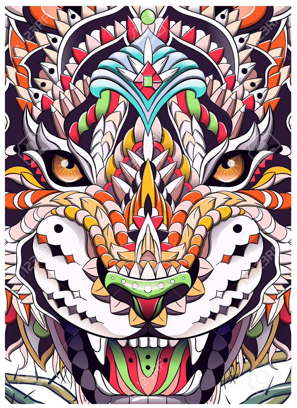 Patterned head of the roaring tiger. African, indian, totem, tattoo design. It may be used for design of a t-shirt, bag, postcard, a poster and so on. - 117031860 Patterned head of the roaring tiger. African, indian, totem, tattoo design. It may be used for design of a t-shirt, bag, postcard, a poster and so on. - 117031860