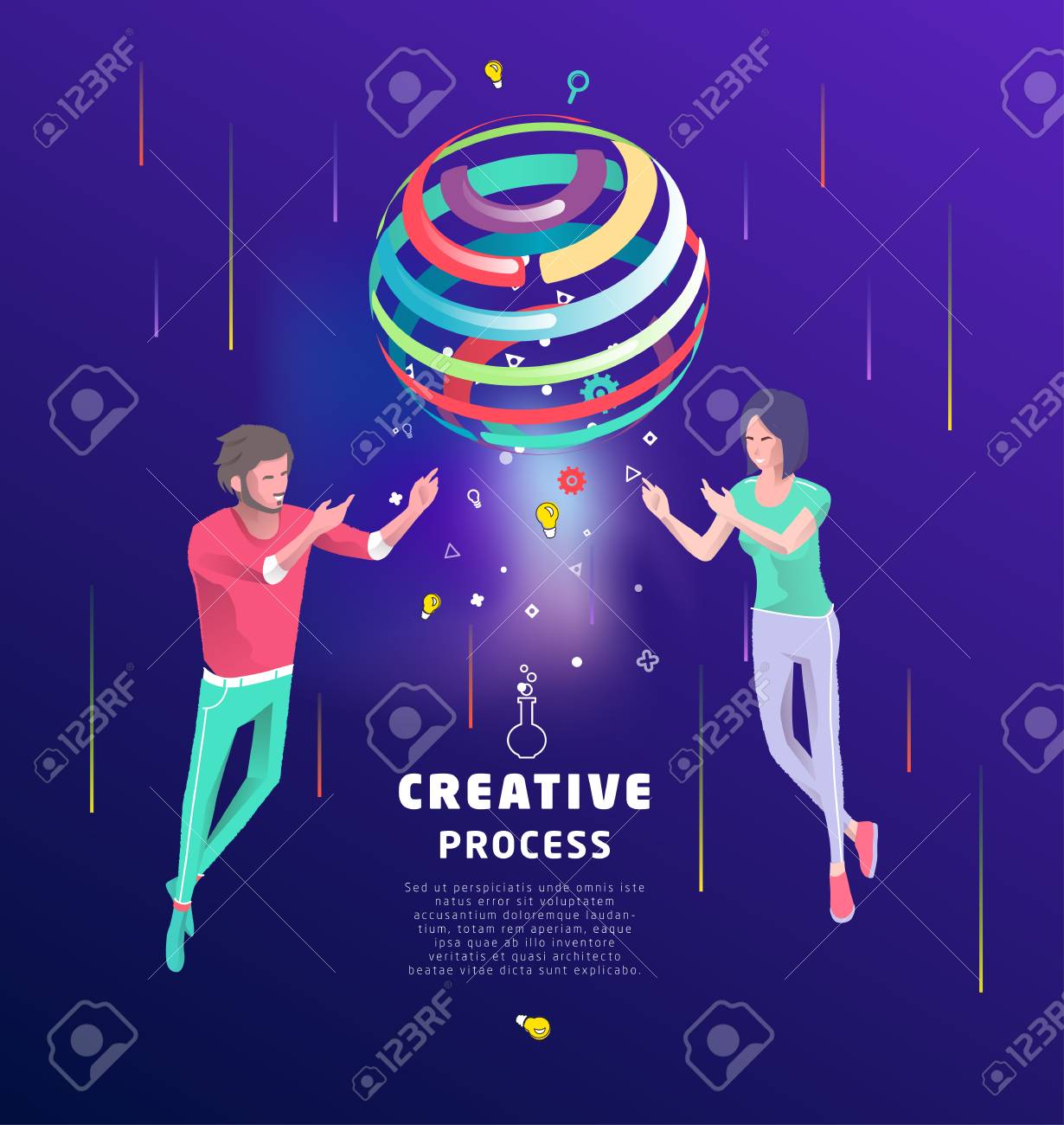 Isometric concept of creative concept. Two people create new ideas with sphere. Business concept. Vector illustration. - 127594149 Isometric concept of creative concept. Two people create new ideas with sphere. Business concept. Vector illustration. - 127594149