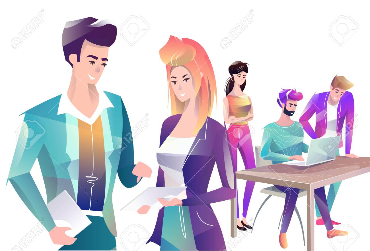 Concept in flat style with office workers. Man and woman are using a digital tablet. On the background man and woman are looking at laptop. Creative atmosphere. Vector illustration. - 122413452 Concept in flat style with office workers. Man and woman are using a digital tablet. On the background man and woman are looking at laptop. Creative atmosphere. Vector illustration. - 122413452