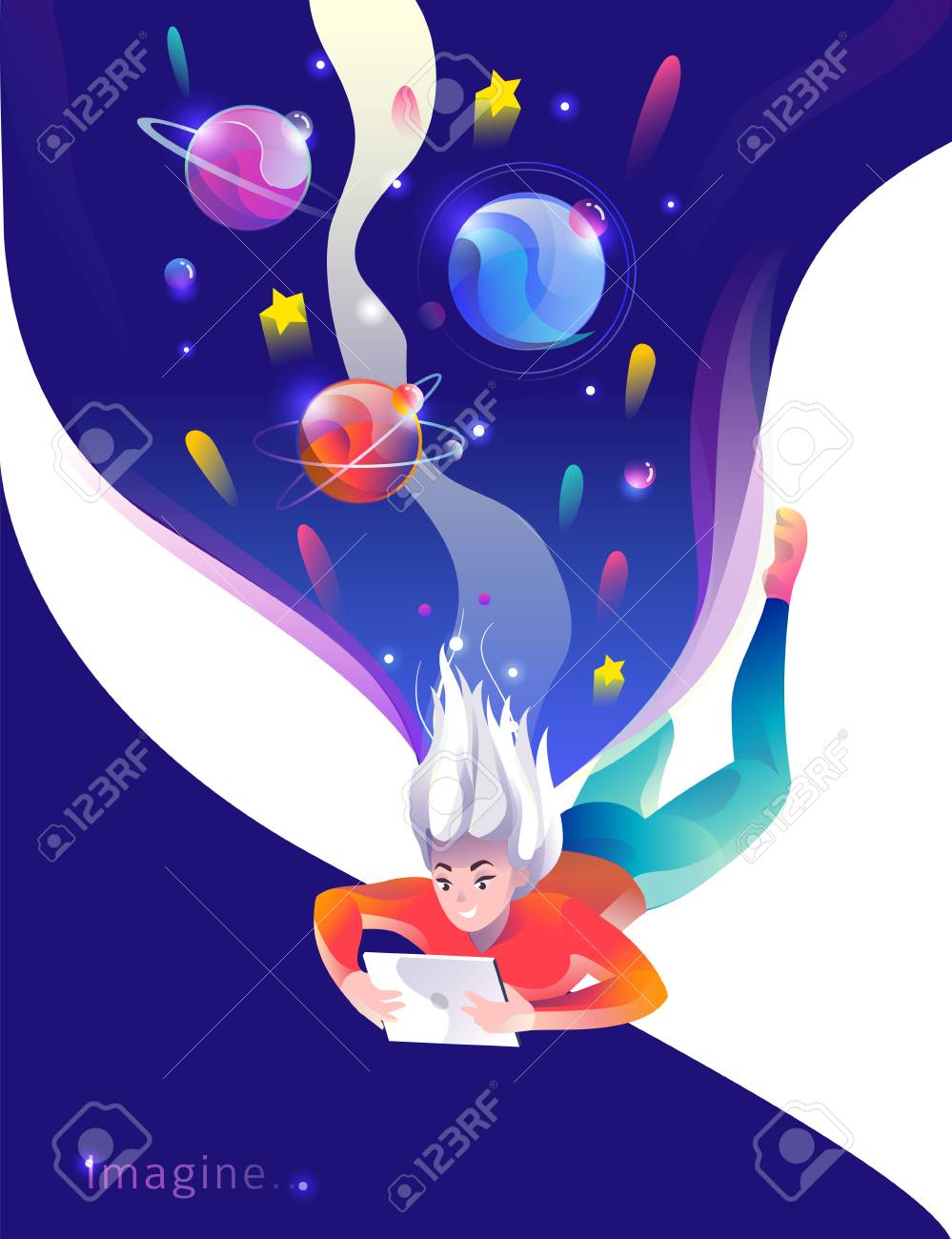 Concept in flat style with woman falling down with tablet. Space and planets. Education, game, reading, inspiration, imagination, fantasy. Vector illustration. - 122413457 Concept in flat style with woman falling down with tablet. Space and planets. Education, game, reading, inspiration, imagination, fantasy. Vector illustration. - 122413457