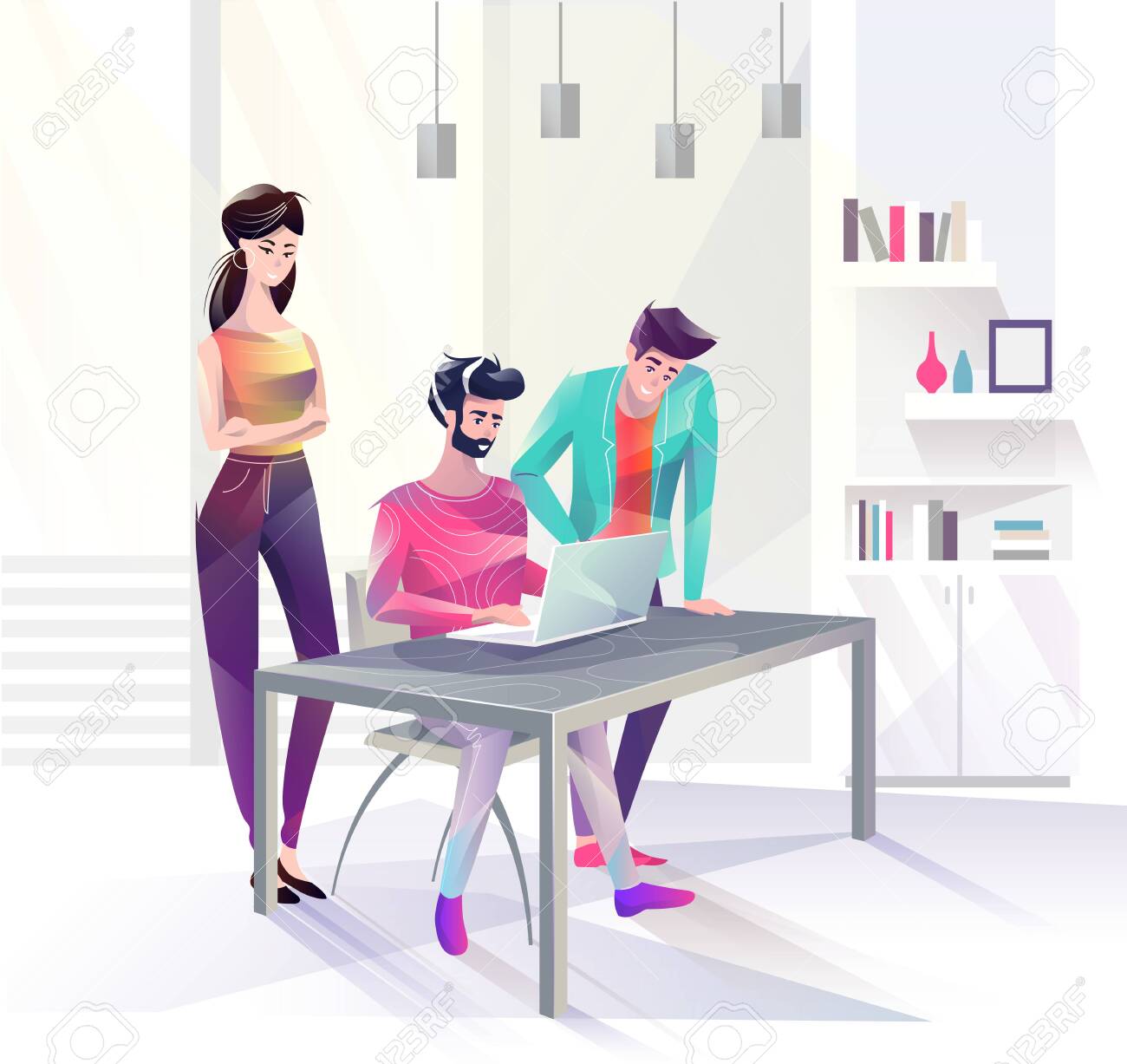 Concept in flat style with office workers. Man and woman are looking at laptop. Businessman. Creative atmosphere. Vector illustration. - 136053076 Concept in flat style with office workers. Man and woman are looking at laptop. Businessman. Creative atmosphere. Vector illustration. - 136053076