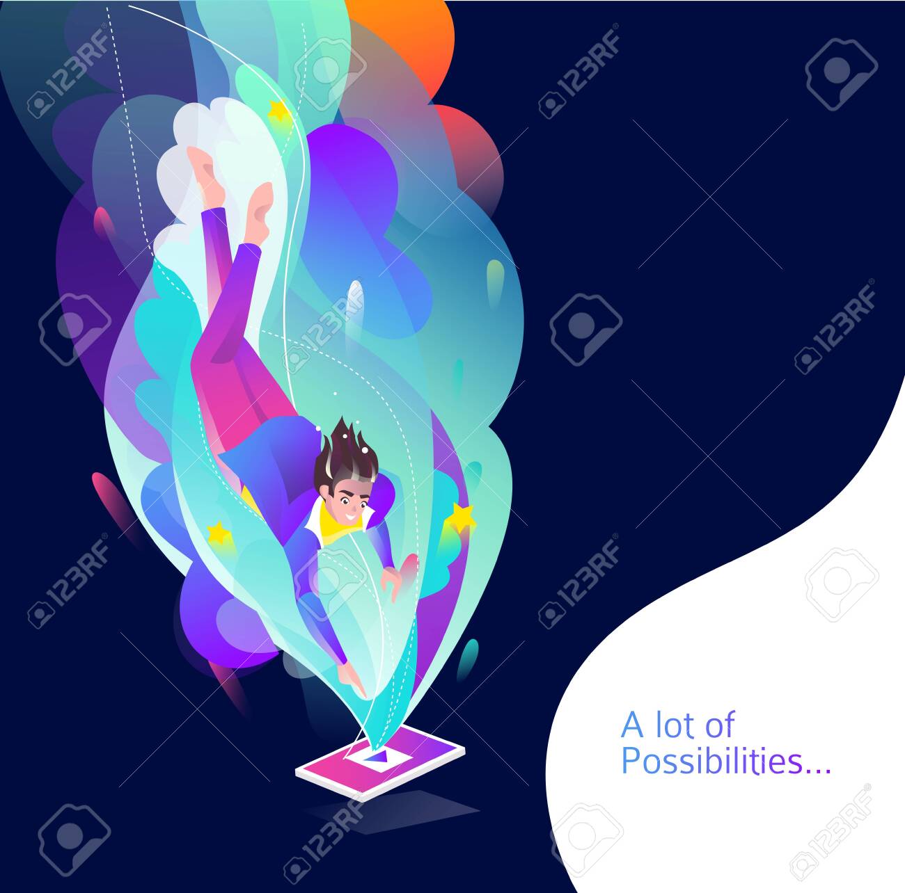 Concept in flat style with man falling down to tablet. Internet freedom, free wifi, on-line education, game, reading, inspiration. Vector illustration. - 136053092 Concept in flat style with man falling down to tablet. Internet freedom, free wifi, on-line education, game, reading, inspiration. Vector illustration. - 136053092