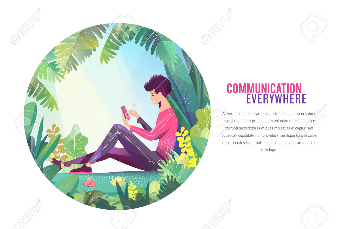 Concept in flat style. Young man sitting in park and chatting. Mobile phone. - 136053377 Concept in flat style. Young man sitting in park and chatting. Mobile phone. - 136053377