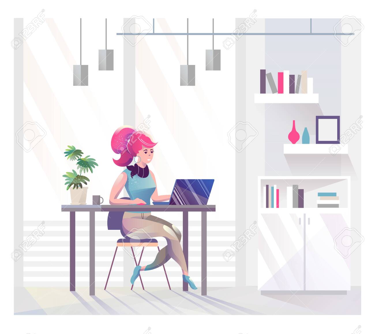 Concept in flat style with woman. Businesswoman works in office. Creative atmosphere. Vector illustration. - 136053380 Concept in flat style with woman. Businesswoman works in office. Creative atmosphere. Vector illustration. - 136053380