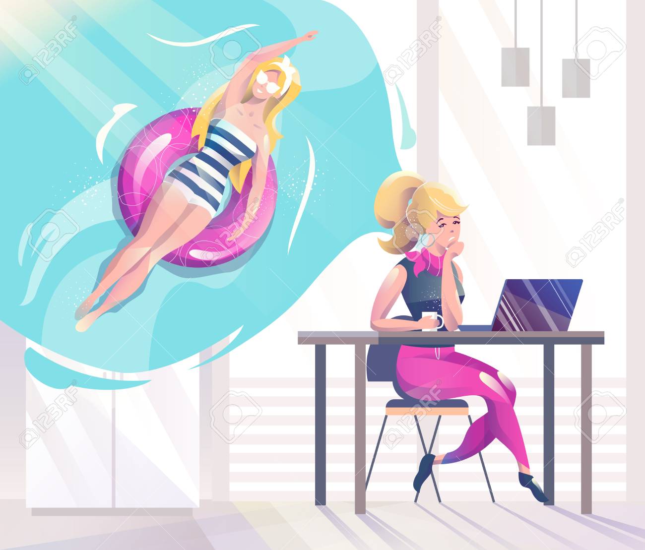 Concept in flat style with woman in office dreaming about vacation. Woman swims with violet circle. Vector illustration. - 122413470 Concept in flat style with woman in office dreaming about vacation. Woman swims with violet circle. Vector illustration. - 122413470
