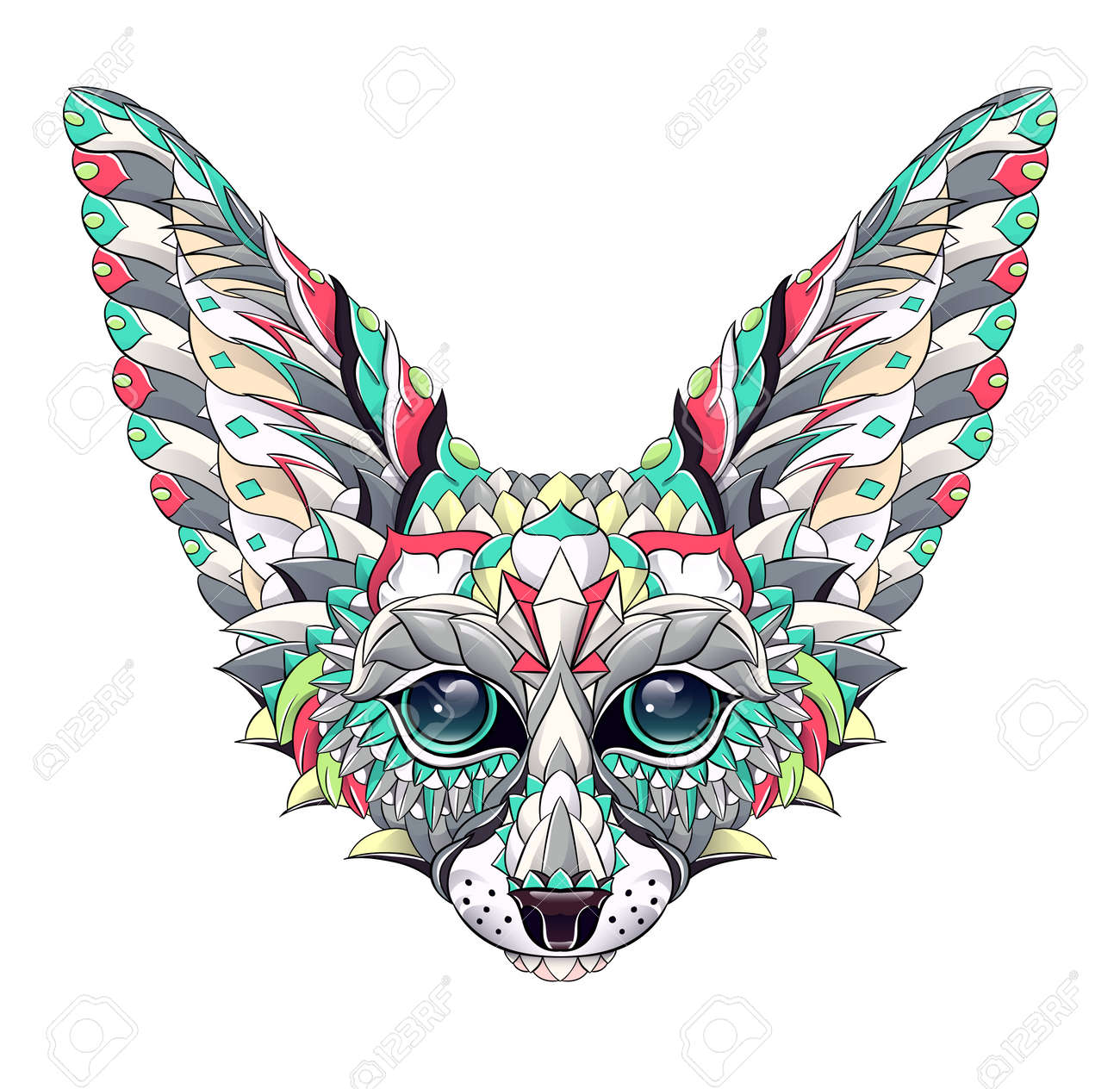 Patterned head of fennec with decoration. Desert fox. Tattoo design. It may be used for design of a t-shirt, bag, postcard, a poster and so on. - 158036040 Patterned head of fennec with decoration. Desert fox. Tattoo design. It may be used for design of a t-shirt, bag, postcard, a poster and so on. - 158036040