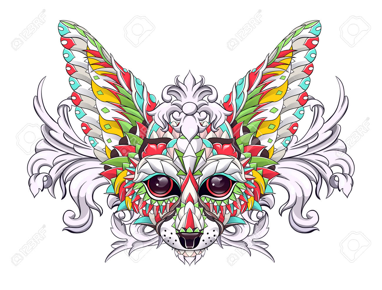 Patterned head of fennec with decoration. Desert fox. Tattoo design. It may be used for design of a t-shirt, bag, postcard, a poster and so on. - 157550939 Patterned head of fennec with decoration. Desert fox. Tattoo design. It may be used for design of a t-shirt, bag, postcard, a poster and so on. - 157550939