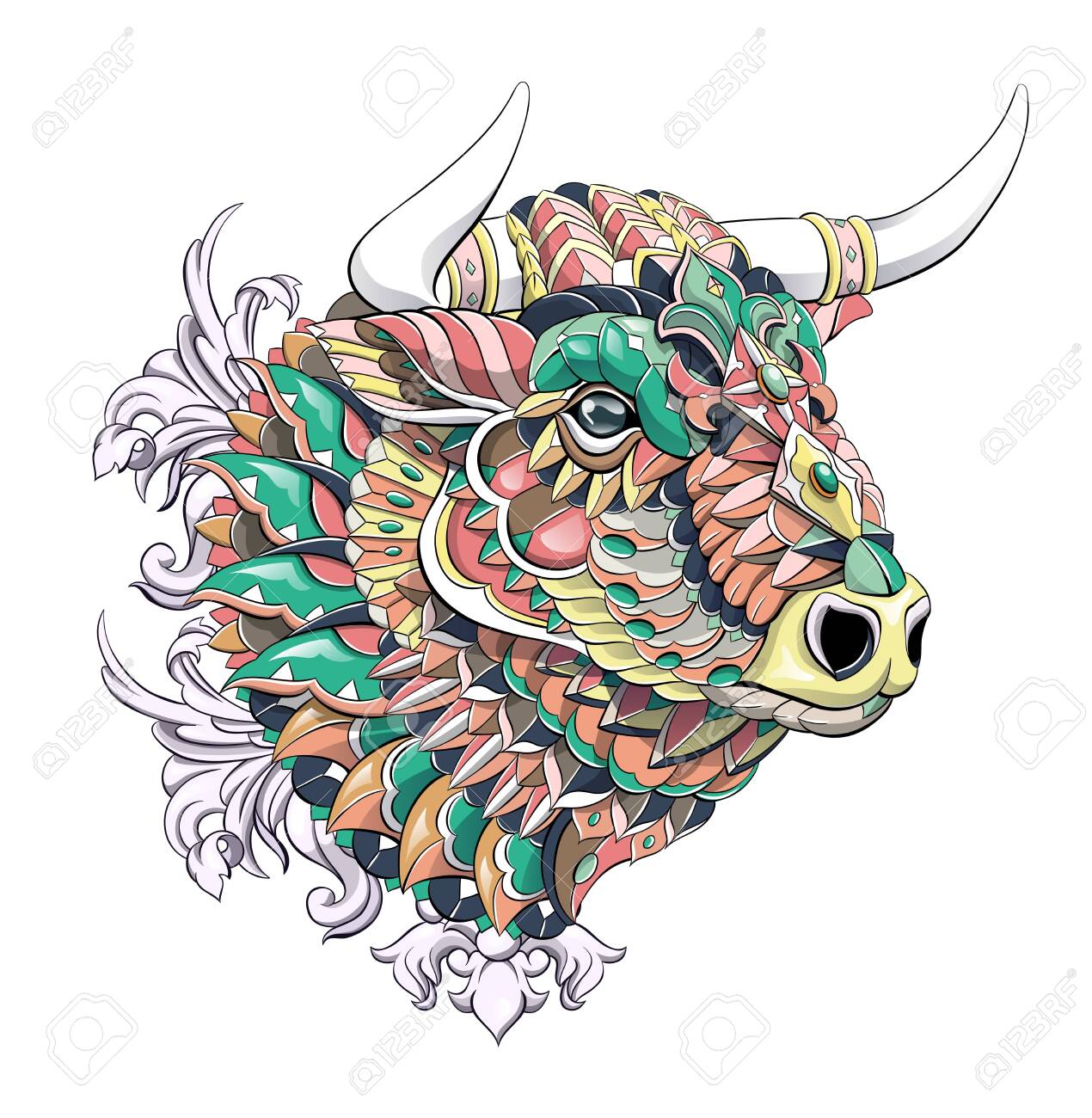 Patterned head of bull. Symbol of 2021. Tattoo design. It may be used for design of a t-shirt, bag, postcard, a poster and so on. - 157550938 Patterned head of bull. Symbol of 2021. Tattoo design. It may be used for design of a t-shirt, bag, postcard, a poster and so on. - 157550938