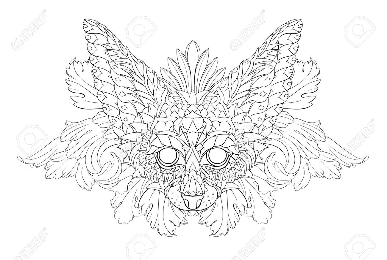Patterned head of fennec with decoration. Desert fox. Tattoo design. It may be used for design of a t-shirt, bag, postcard, a poster and so on. - 158036093 Patterned head of fennec with decoration. Desert fox. Tattoo design. It may be used for design of a t-shirt, bag, postcard, a poster and so on. - 158036093