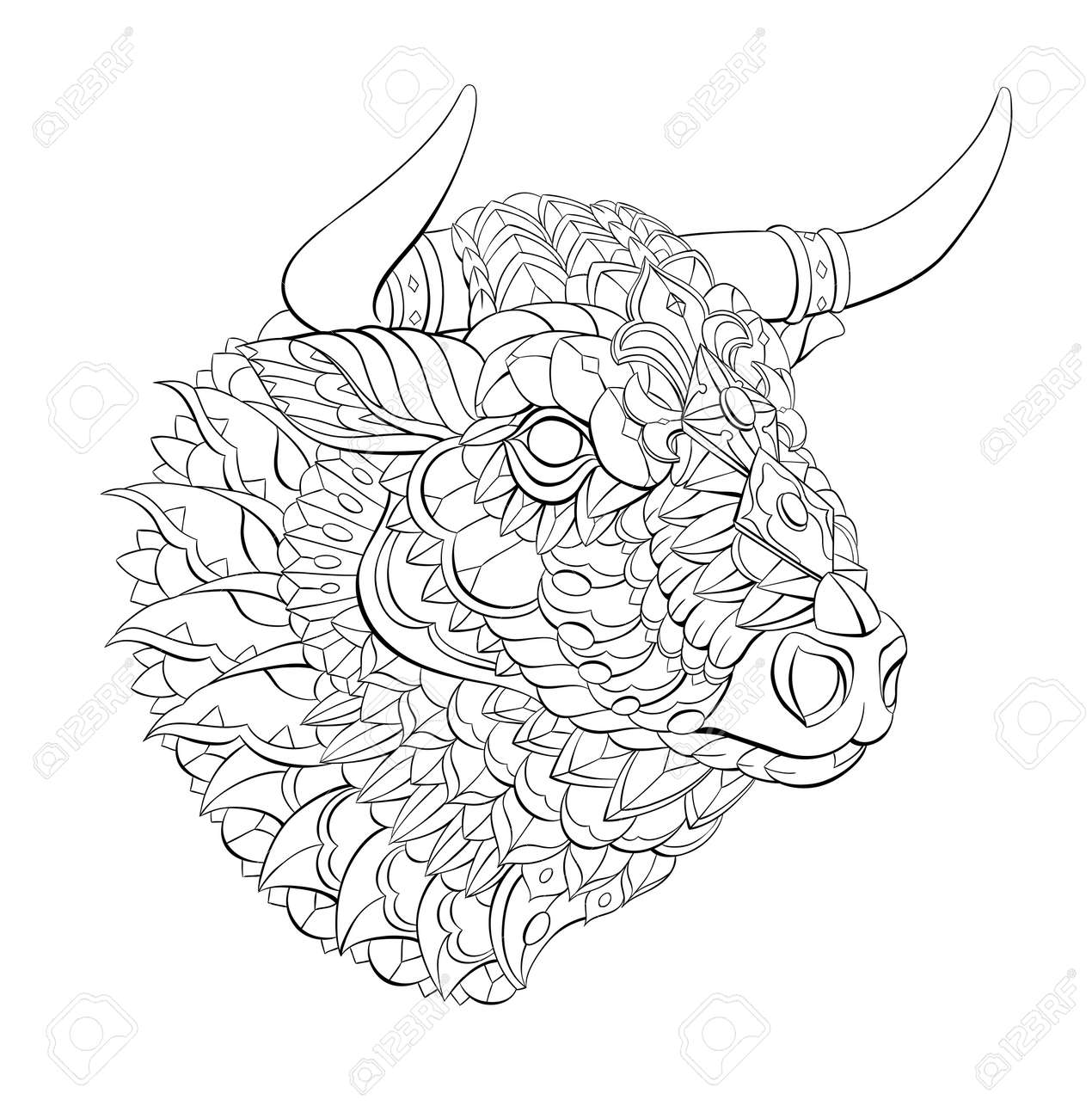 Patterned head of bull. Symbol of 2021. Tattoo design. It may be used for design of a t-shirt, bag, postcard, a poster and so on. - 157550947 Patterned head of bull. Symbol of 2021. Tattoo design. It may be used for design of a t-shirt, bag, postcard, a poster and so on. - 157550947