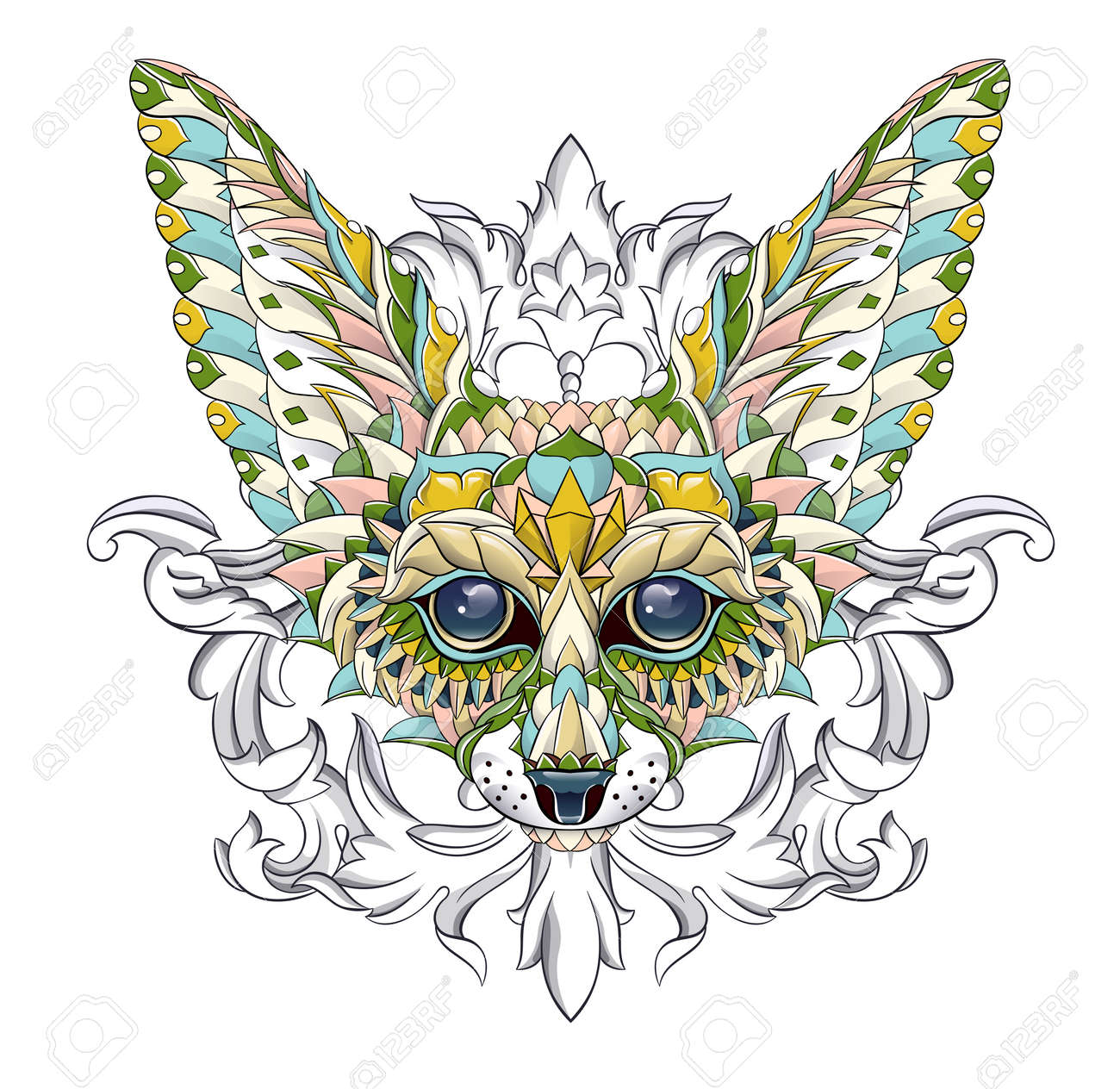 Patterned head of fennec with decoration. Desert fox. Tattoo design. It may be used for design of a t-shirt, bag, postcard, a poster and so on. - 157550944 Patterned head of fennec with decoration. Desert fox. Tattoo design. It may be used for design of a t-shirt, bag, postcard, a poster and so on. - 157550944