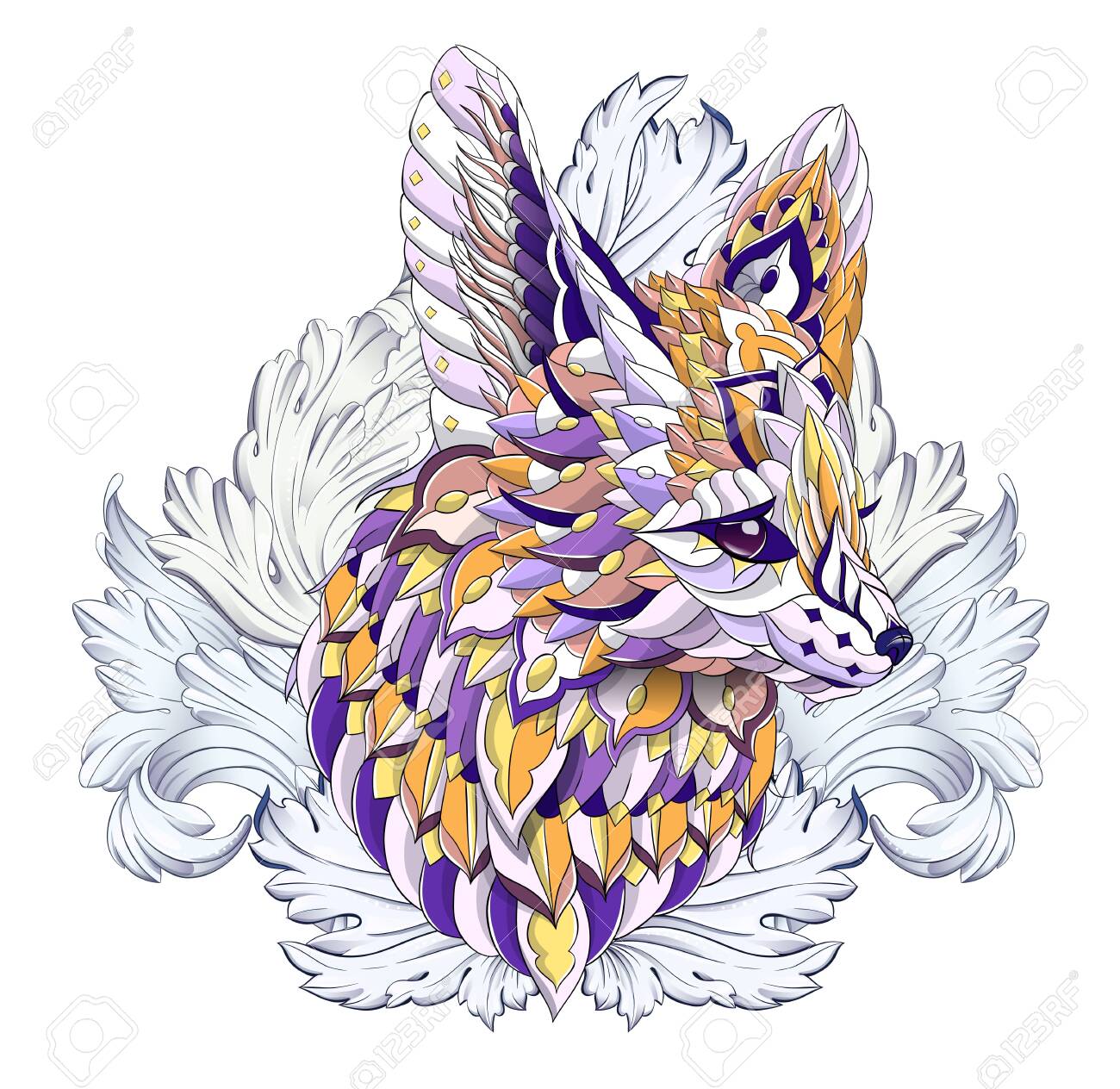 Patterned head of fennec with decoration. Desert fox. Tattoo design. It may be used for design of a t-shirt, bag, postcard, a poster and so on. - 158036104 Patterned head of fennec with decoration. Desert fox. Tattoo design. It may be used for design of a t-shirt, bag, postcard, a poster and so on. - 158036104