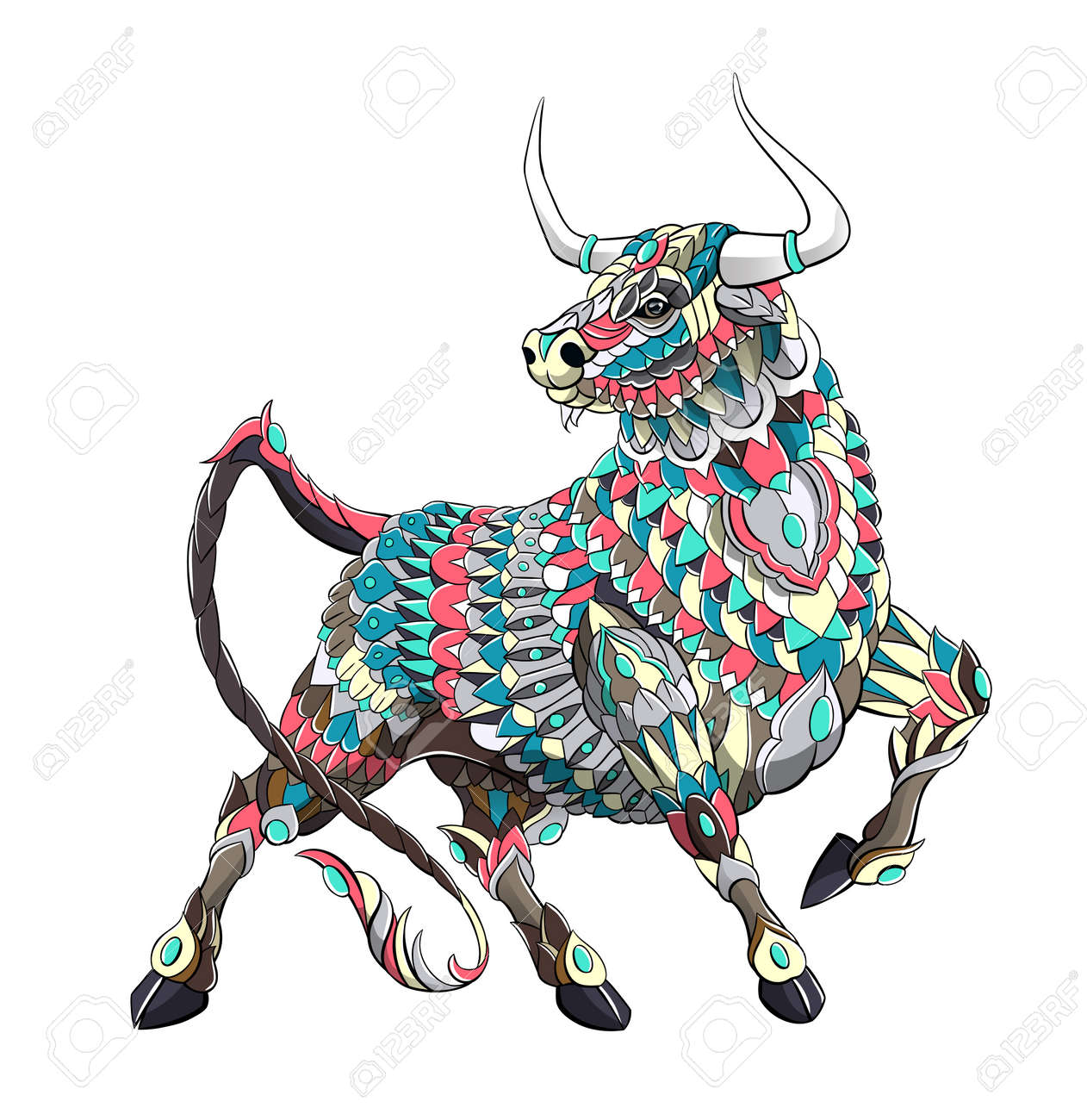 Patterned bull. Symbol of 2021. Tattoo design. It may be used for design of a t-shirt, bag, postcard, a poster and so on. - 157550952 Patterned bull. Symbol of 2021. Tattoo design. It may be used for design of a t-shirt, bag, postcard, a poster and so on. - 157550952