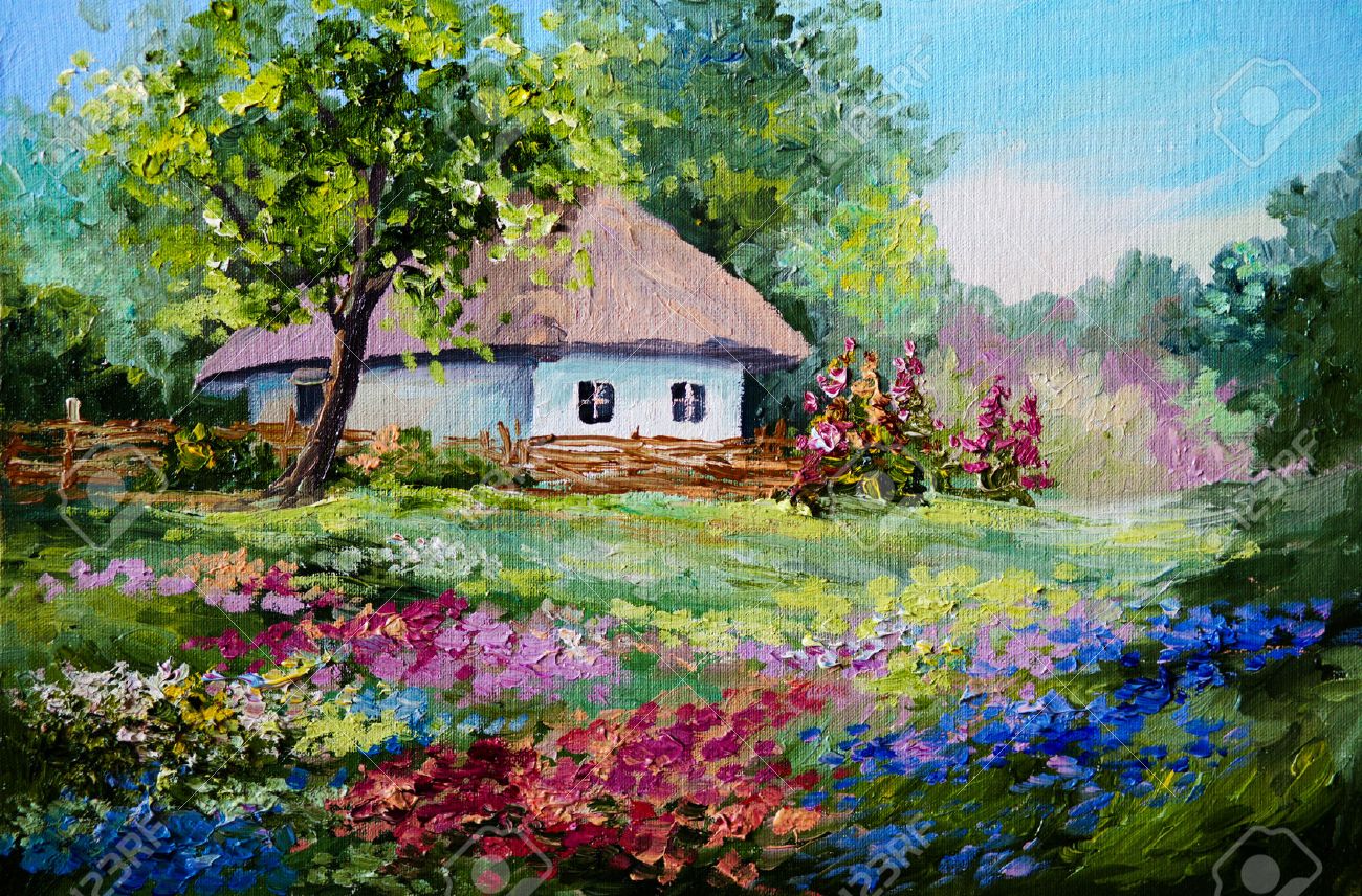 Oil Painting - House In The Village, Flowers; Landscape Stock Oil Painting - House In The Village, Flowers; Landscape Stock