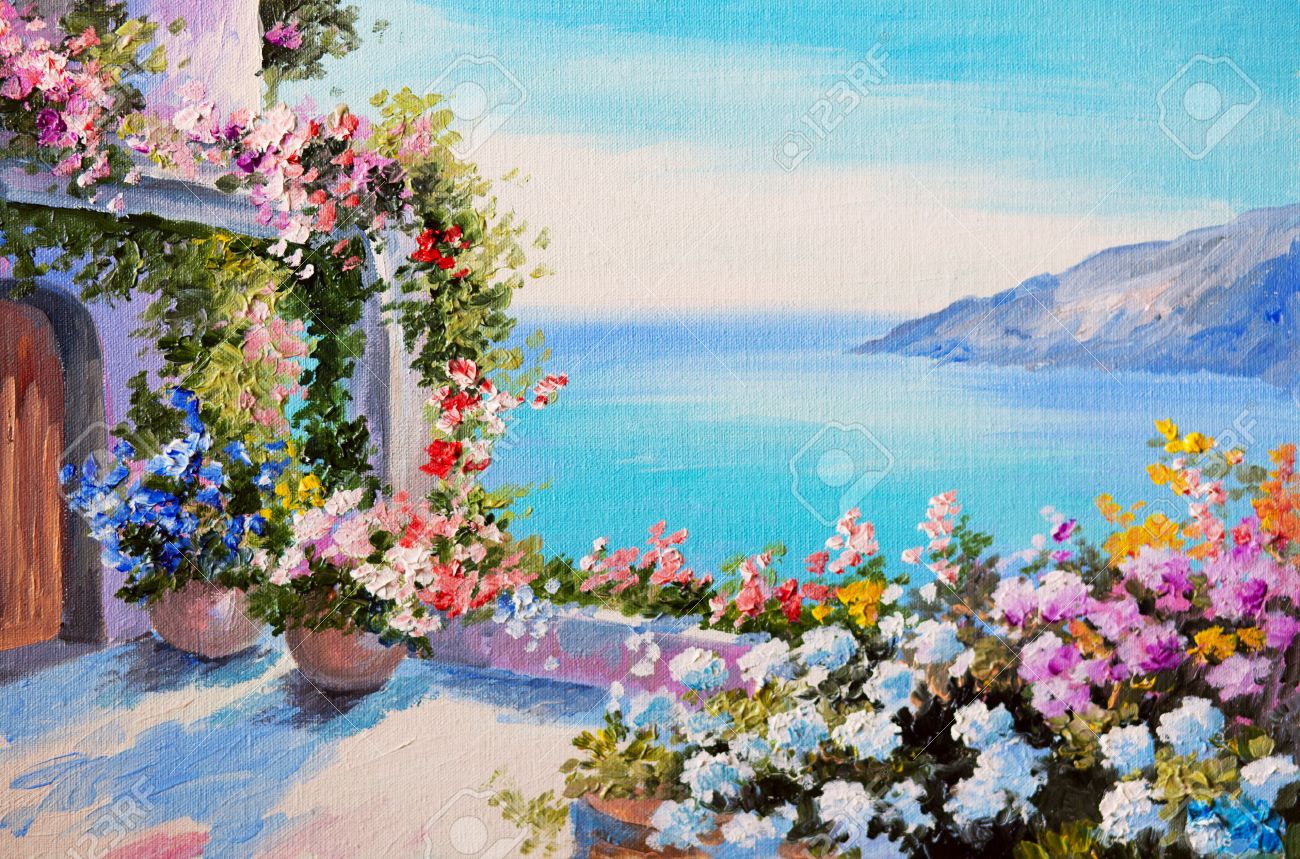 油絵・ デザイン海の近くの家フィールド;花;花の写真素材・画像 油絵・ デザイン海の近くの家フィールド;花;花の写真素材・画像