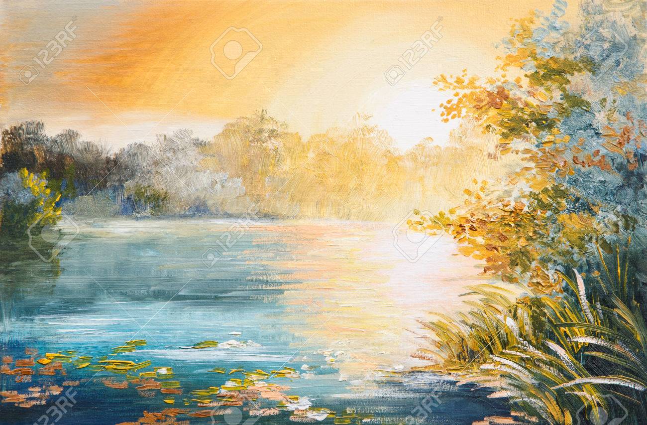 Painting - Sunset On The Lake, Bright Sunsetの写真素材・画像素材