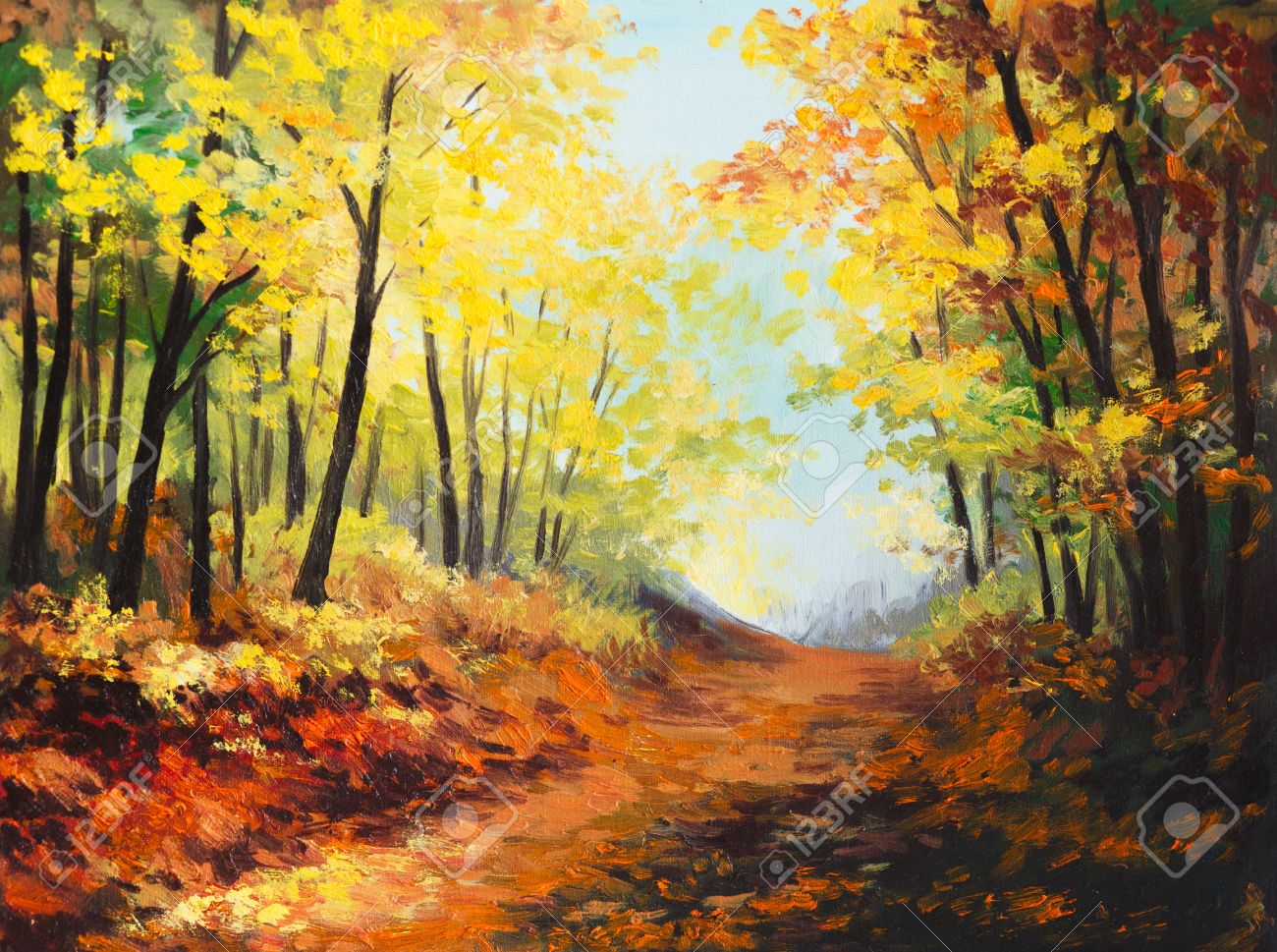 Paysage De Peinture à L'huile - Forêt D'automne Colorée Banque D'Images Et Photos Libres De Droits. Image 45393590.