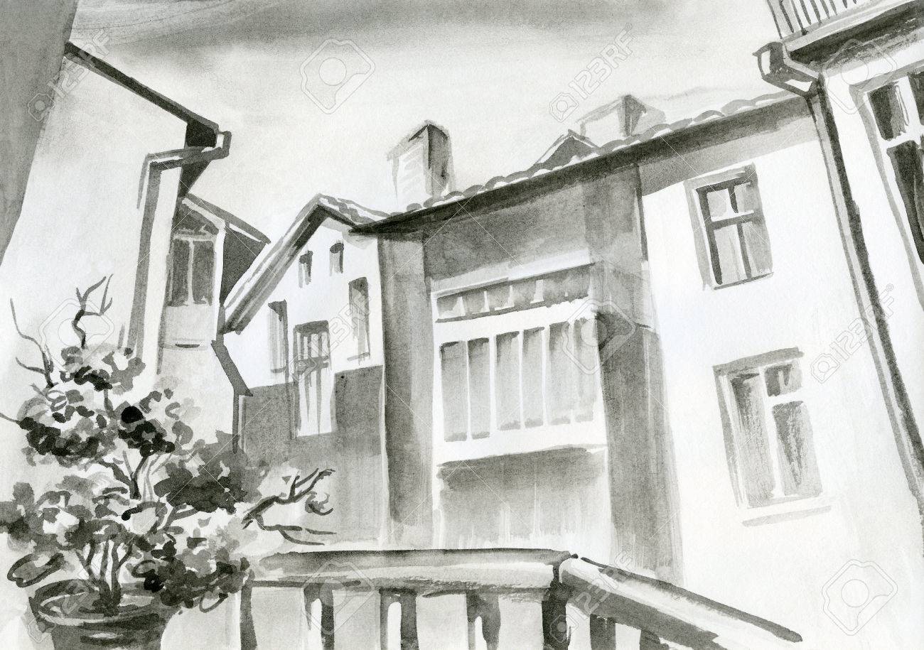 水彩画 鉛筆 美しい建物 建築 花 ブラック ホワイトの窓からの眺め の写真素材 画像素材 Image