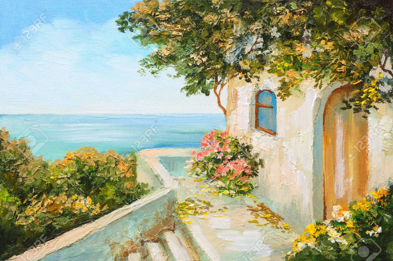 Oil Painting - House Near The Sea, Colorful Flowers, Summer Oil Painting - House Near The Sea, Colorful Flowers, Summer