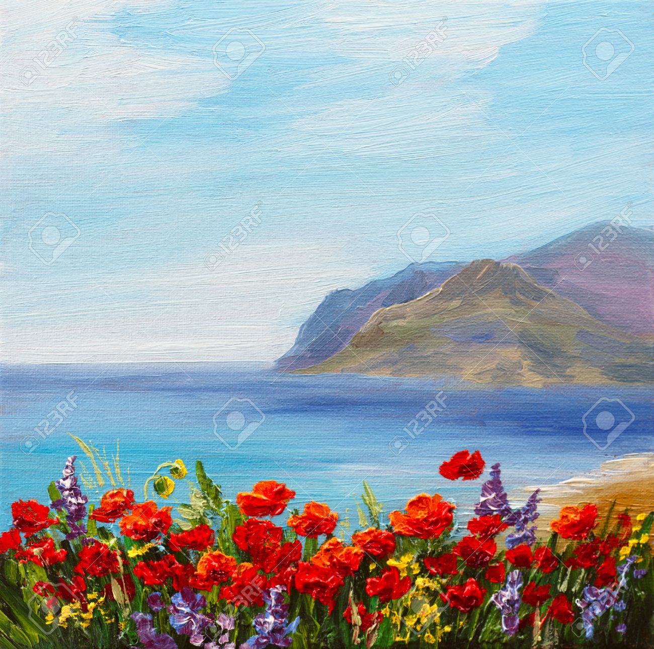 poppy field near the sea, colorful coast, art oil painting - 59803737 poppy field near the sea, colorful coast, art oil painting - 59803737